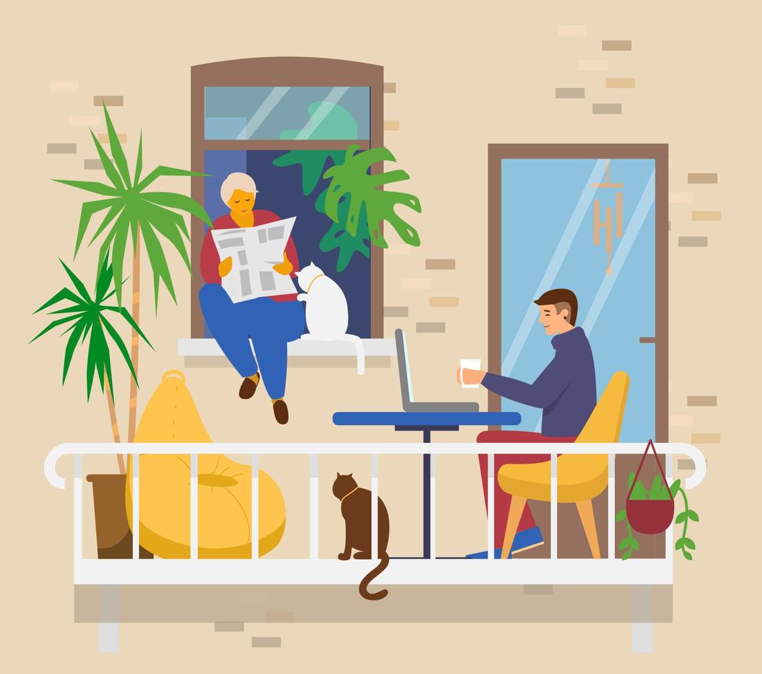 familie Aan balkon. Mens werken Bij laptop, vrouw zittend Aan weduwnaar met kat en leest papier. knus balkon met koffie tafel, planten, zitzak stoel. huis activiteiten. vlak vector illustratie.