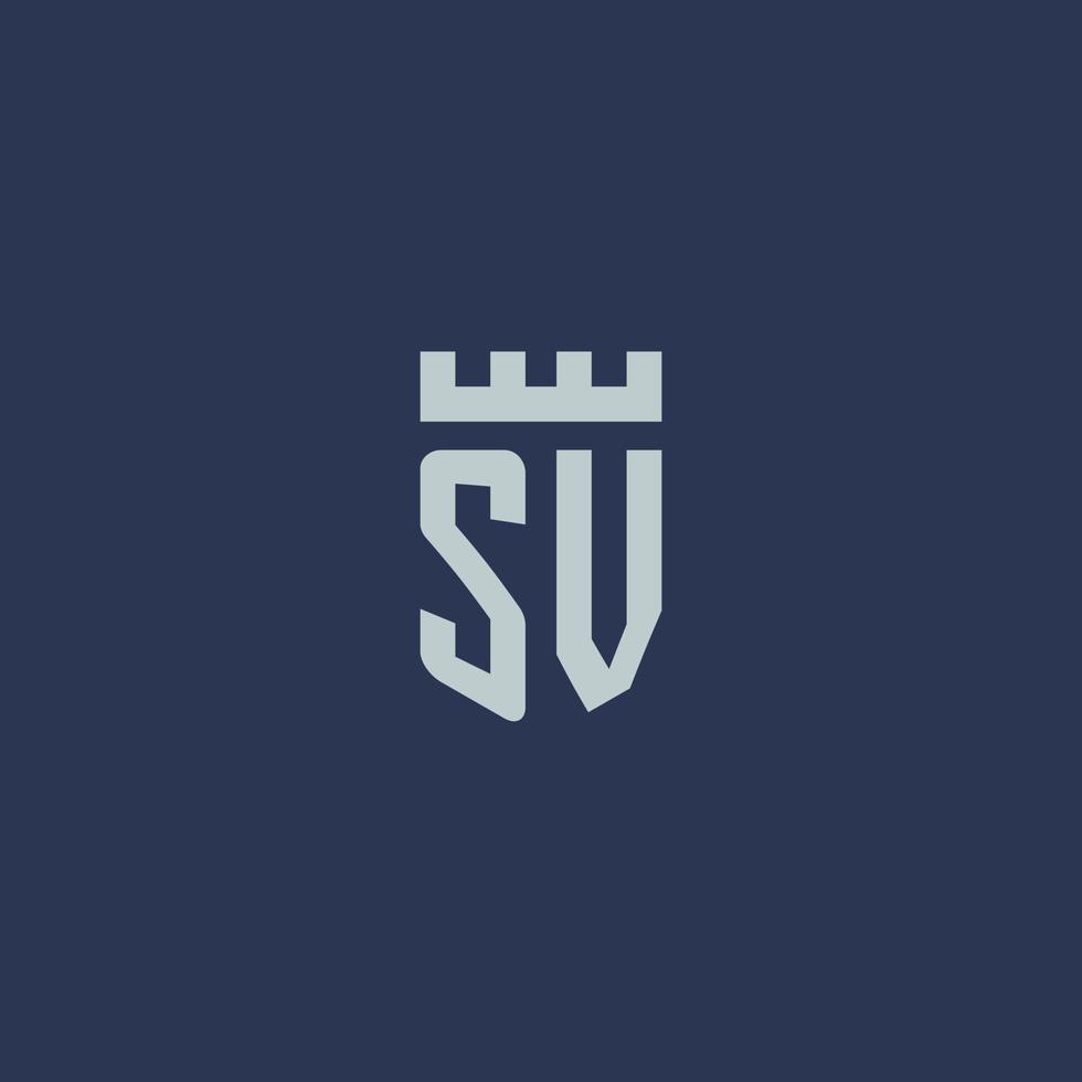 sv logo monogram met vesting kasteel en schild stijl ontwerp vector