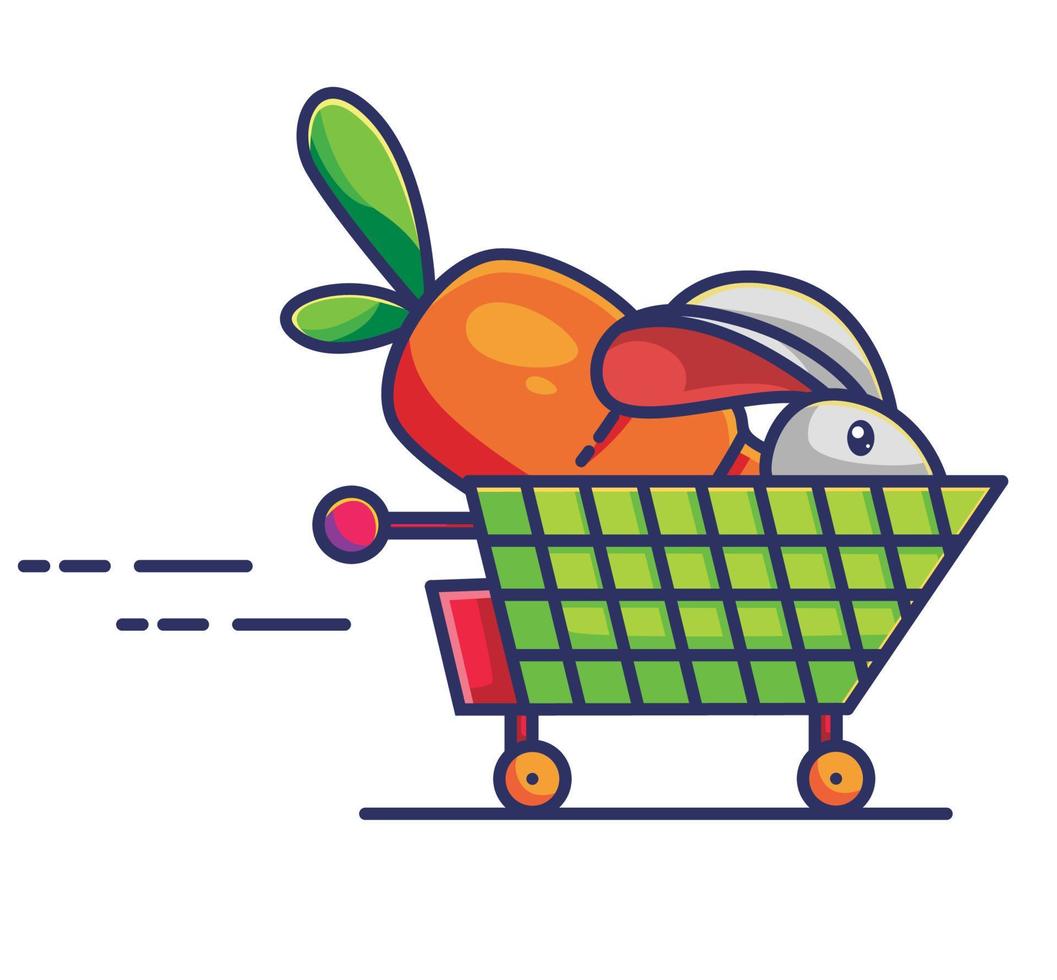 schattig boodschappen doen kar konijn en reusachtig wortel in de karretje. tekenfilm dier voedsel concept geïsoleerd illustratie. vlak stijl geschikt voor sticker icoon ontwerp premie logo vector. mascotte karakter vector