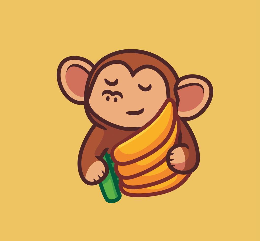 schattig aap gelukkig met zijn banaan fruit. geïsoleerd tekenfilm dier natuur illustratie. vlak stijl geschikt voor sticker icoon ontwerp premie logo vector. mascotte karakter vector