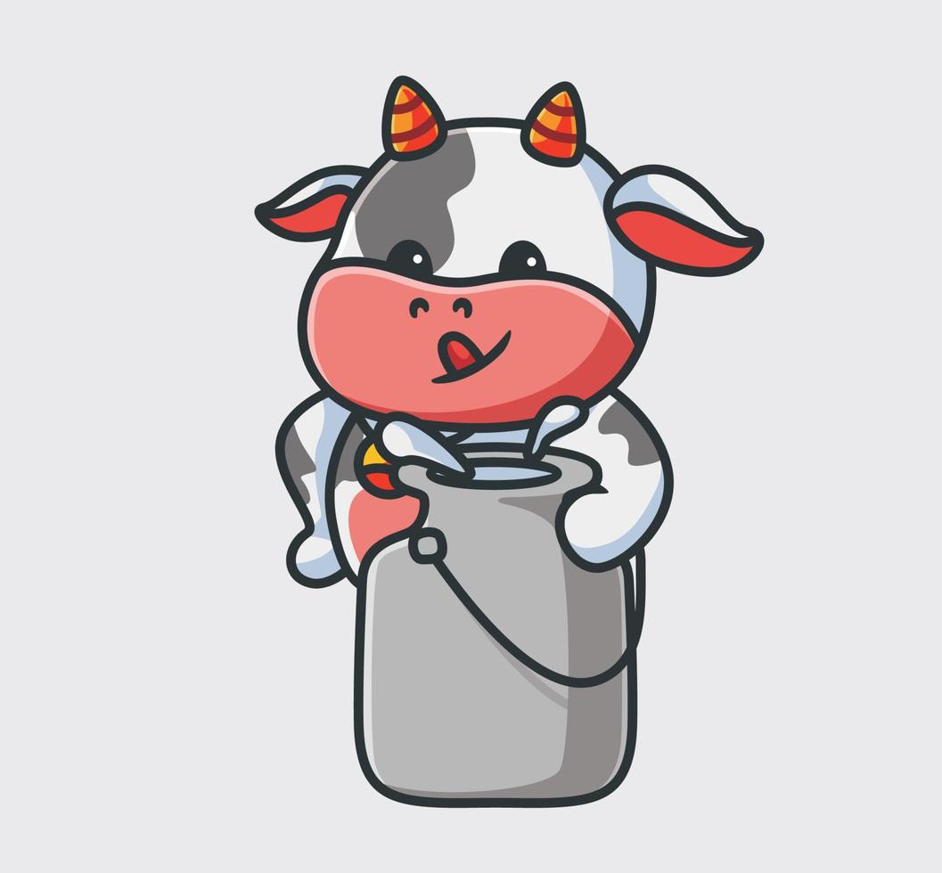 schattig koe vullen in melk Aan vaatje. geïsoleerd tekenfilm dier natuur illustratie. vlak stijl geschikt voor sticker icoon ontwerp premie logo vector. mascotte karakter vector