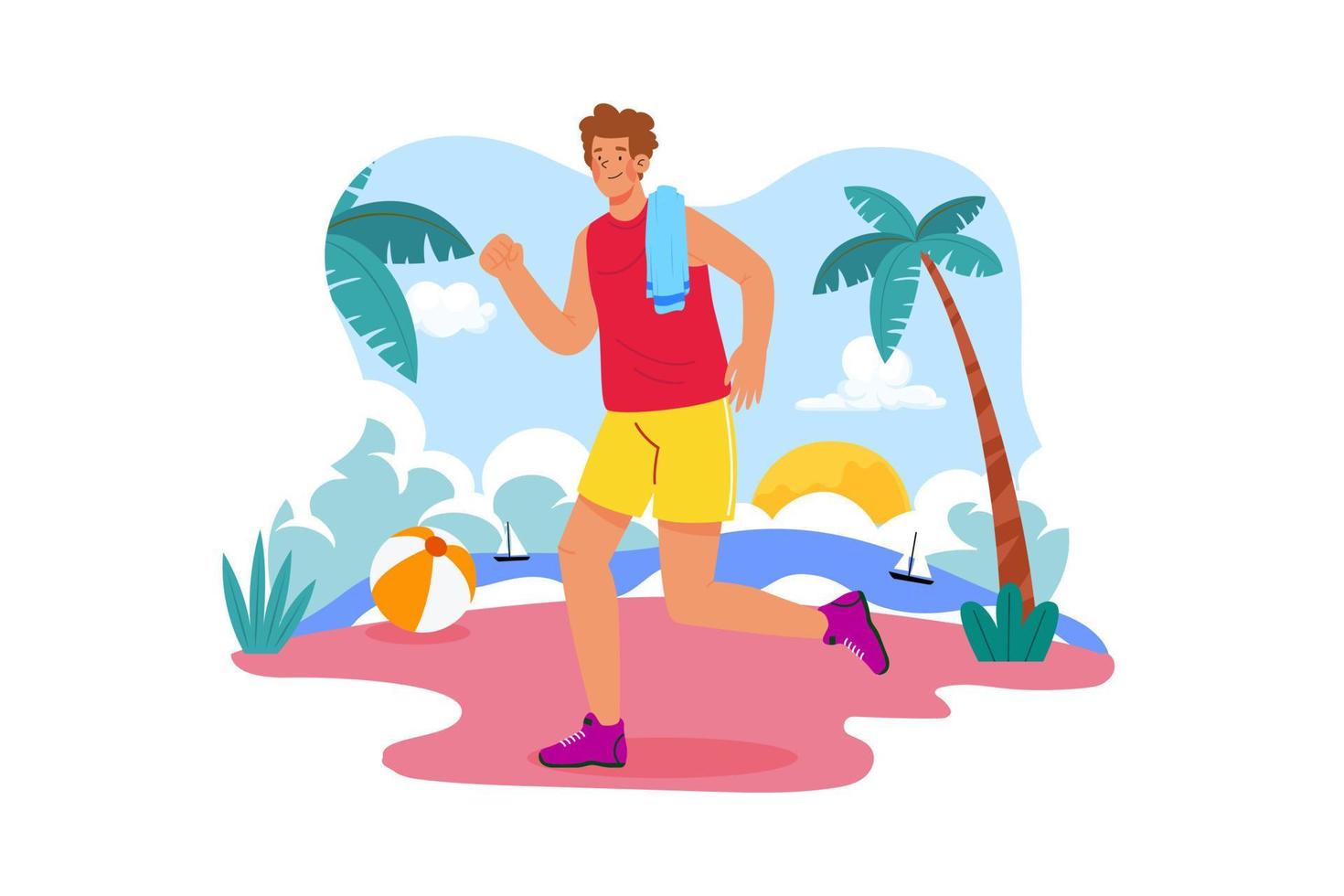 sterk mannetje jogging Aan een strand in de buurt de oceaan illustratie concept Aan wit achtergrond vector