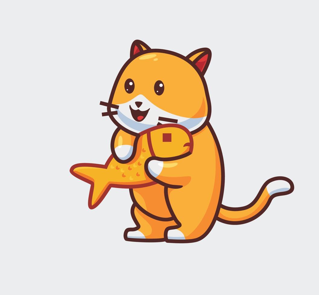 schattig kat Holding een vis net zo voedsel. geïsoleerd tekenfilm dier voedsel illustratie. vlak stijl geschikt voor sticker icoon ontwerp premie logo vector. mascotte karakter vector