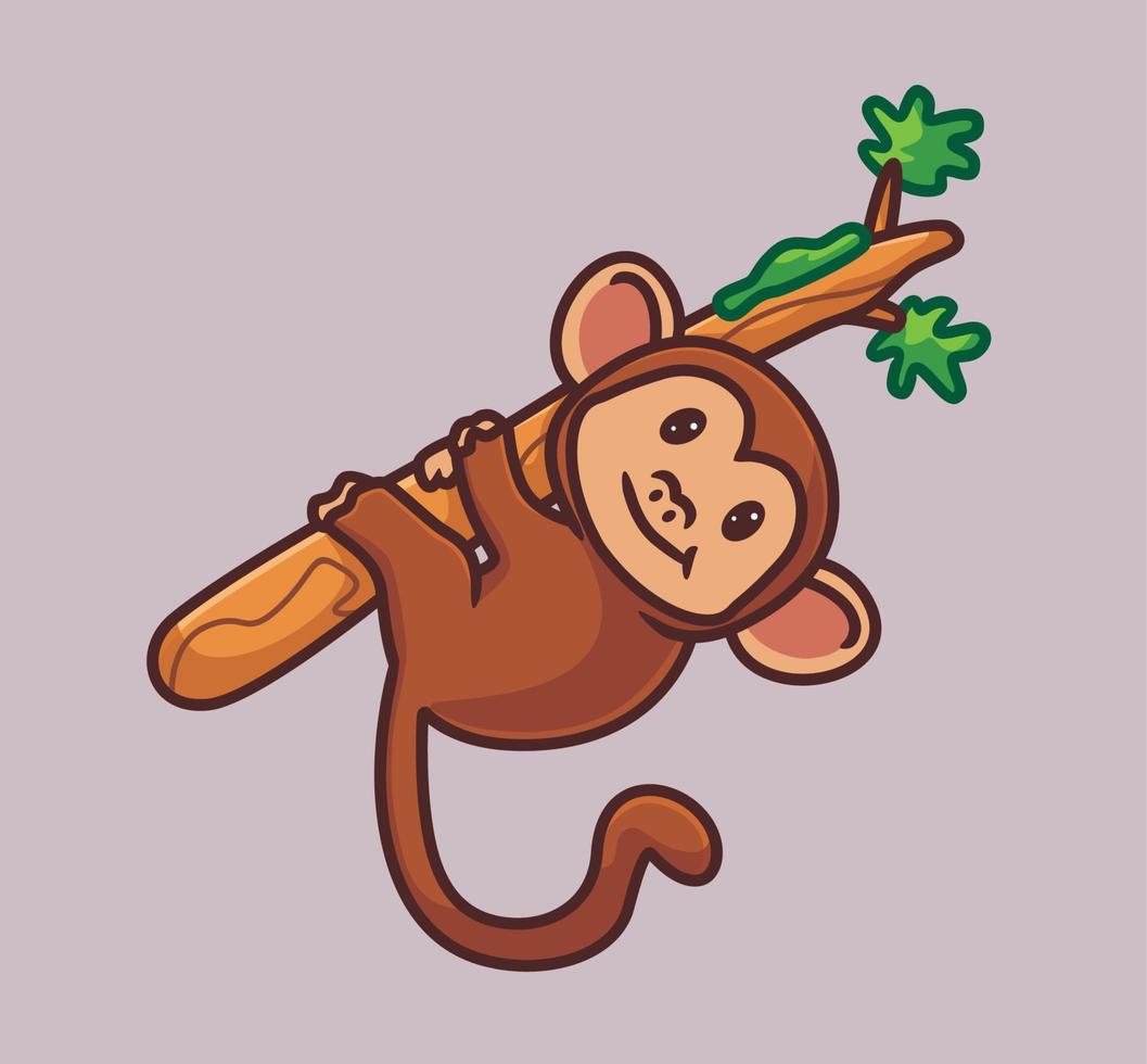 schattig aap hangende Aan takken boom. geïsoleerd tekenfilm dier natuur illustratie. vlak stijl geschikt voor sticker icoon ontwerp premie logo vector. mascotte karakter vector