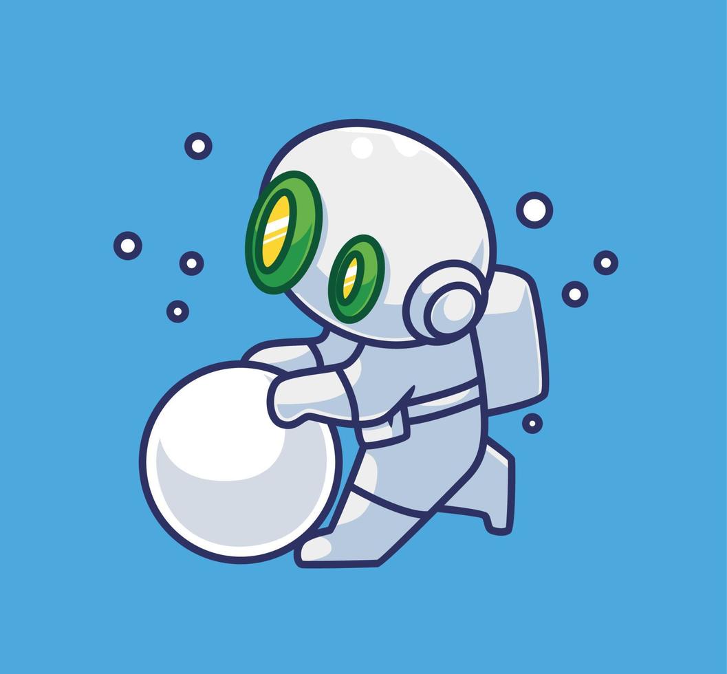 schattig astronaut robot maken een sneeuwbal. geïsoleerd tekenfilm persoon Kerstmis illustratie. vlak stijl geschikt voor sticker icoon ontwerp premie logo vector. mascotte karakter vector