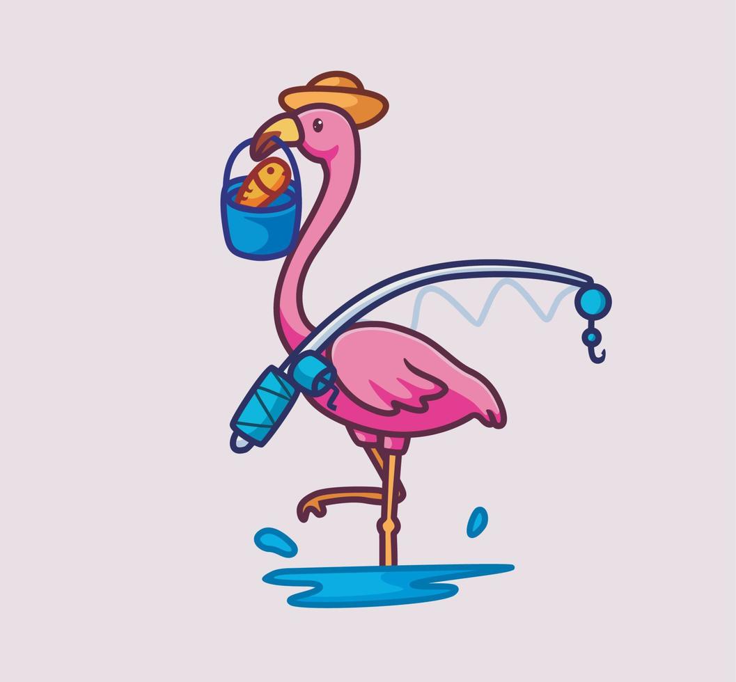 schattig flamingo visvangst met hengel en kreeg de vis. geïsoleerd tekenfilm dier natuur illustratie. vlak stijl geschikt voor sticker icoon ontwerp premie logo vector. mascotte karakter vector
