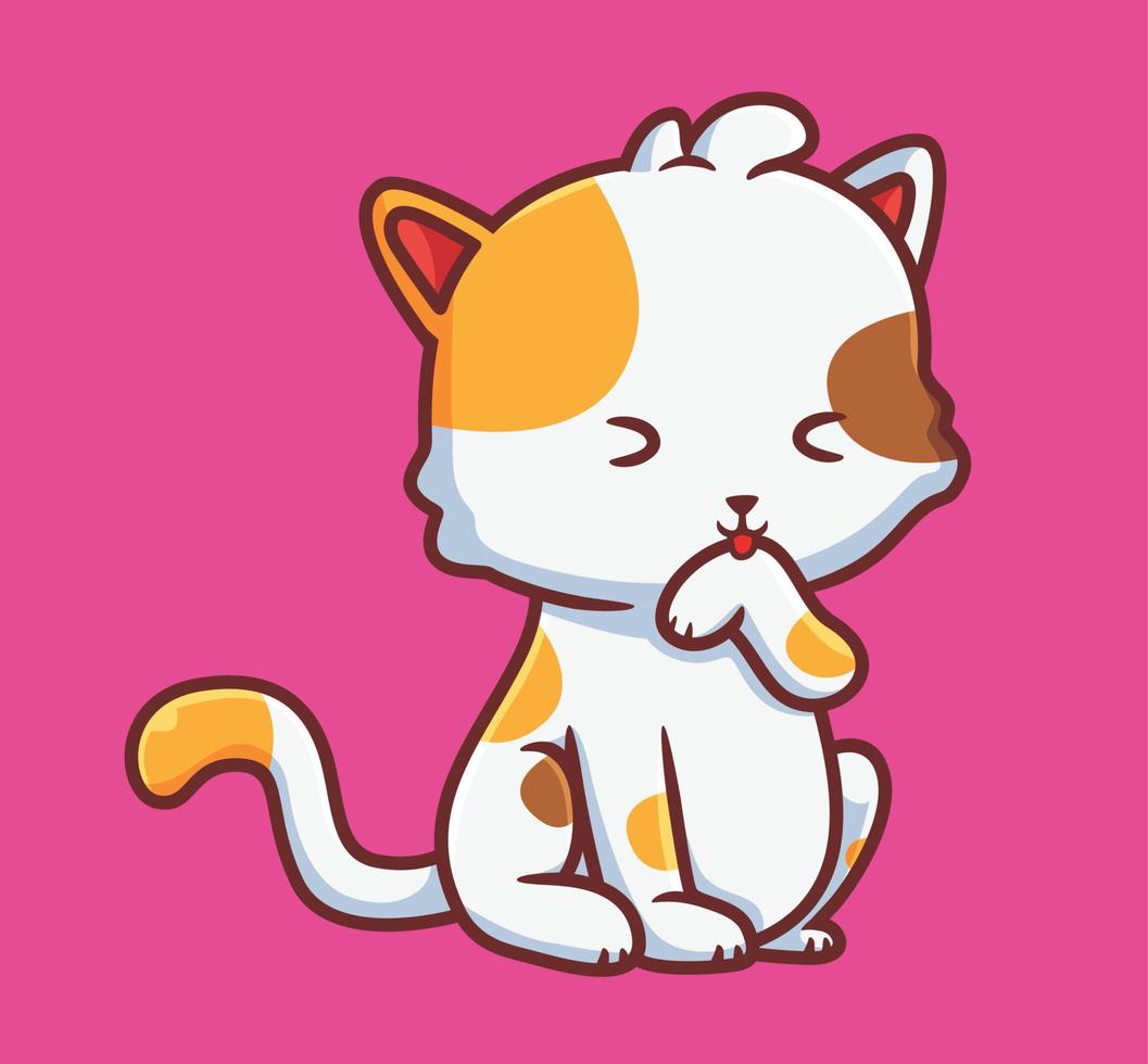 schattig kat likken zijn haar. geïsoleerd tekenfilm dier illustratie. vlak stijl sticker icoon ontwerp premie logo vector. mascotte karakter vector
