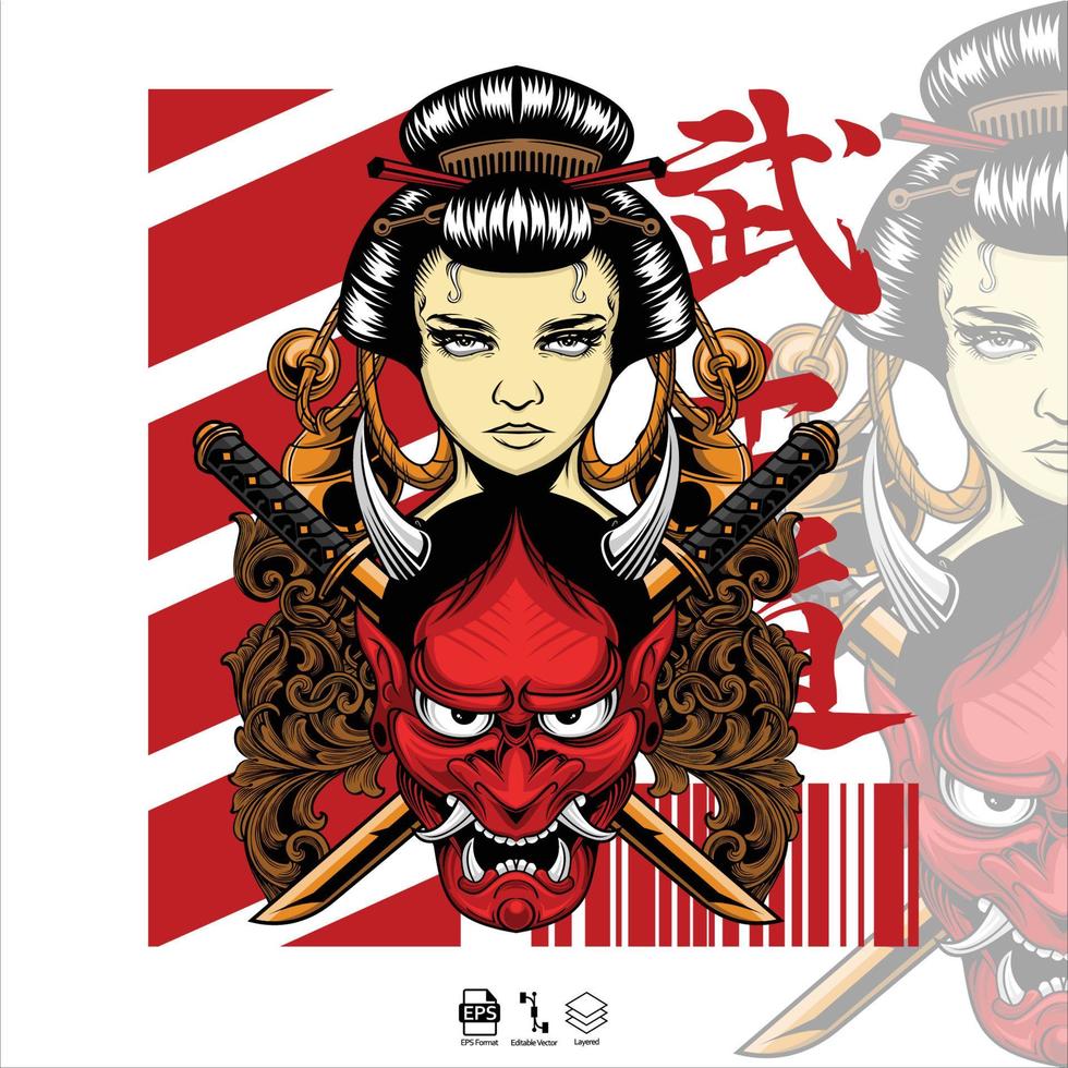 geisha X oni masker illustratie, klaar formaat eps 10 vector