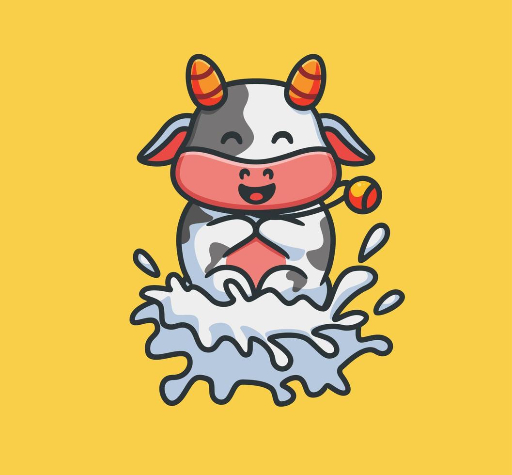 schattig koe met plons van melk. geïsoleerd tekenfilm dier natuur illustratie. vlak stijl geschikt voor sticker icoon ontwerp premie logo vector. mascotte karakter vector