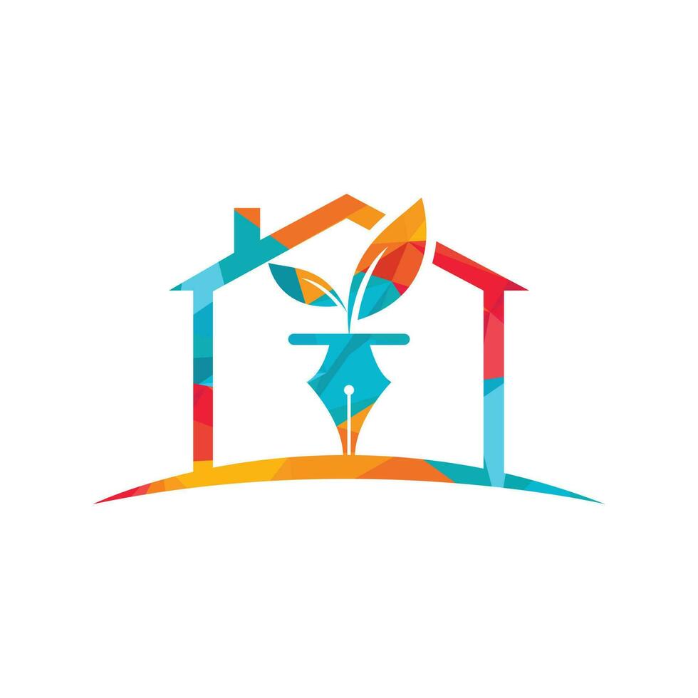 blad en pen logo ontwerp. onderwijs en auteur gemeenschap logo. huis met blad en nab icoon ontwerp. vector