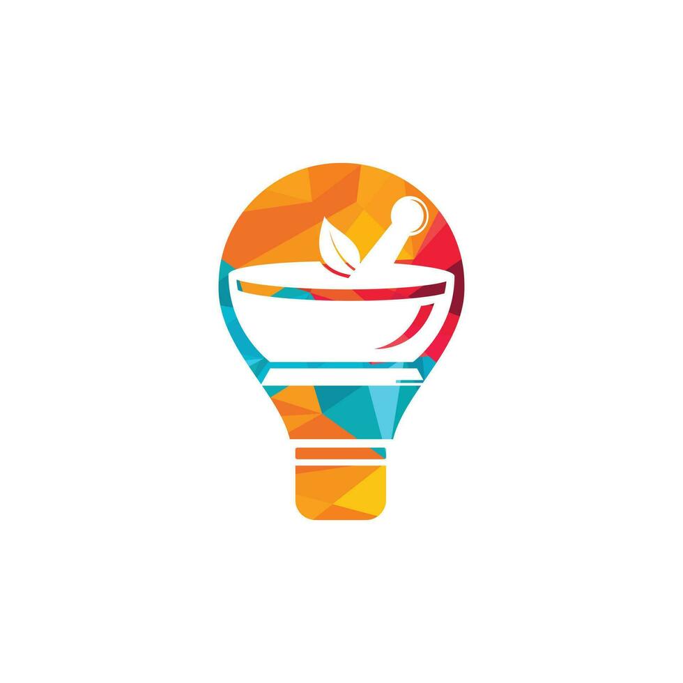 creatief licht lamp apotheek medisch logo ontwerp. natuurlijk Mortier en stamper logo, geneeskunde kruiden illustratie symbool icoon vector ontwerp.