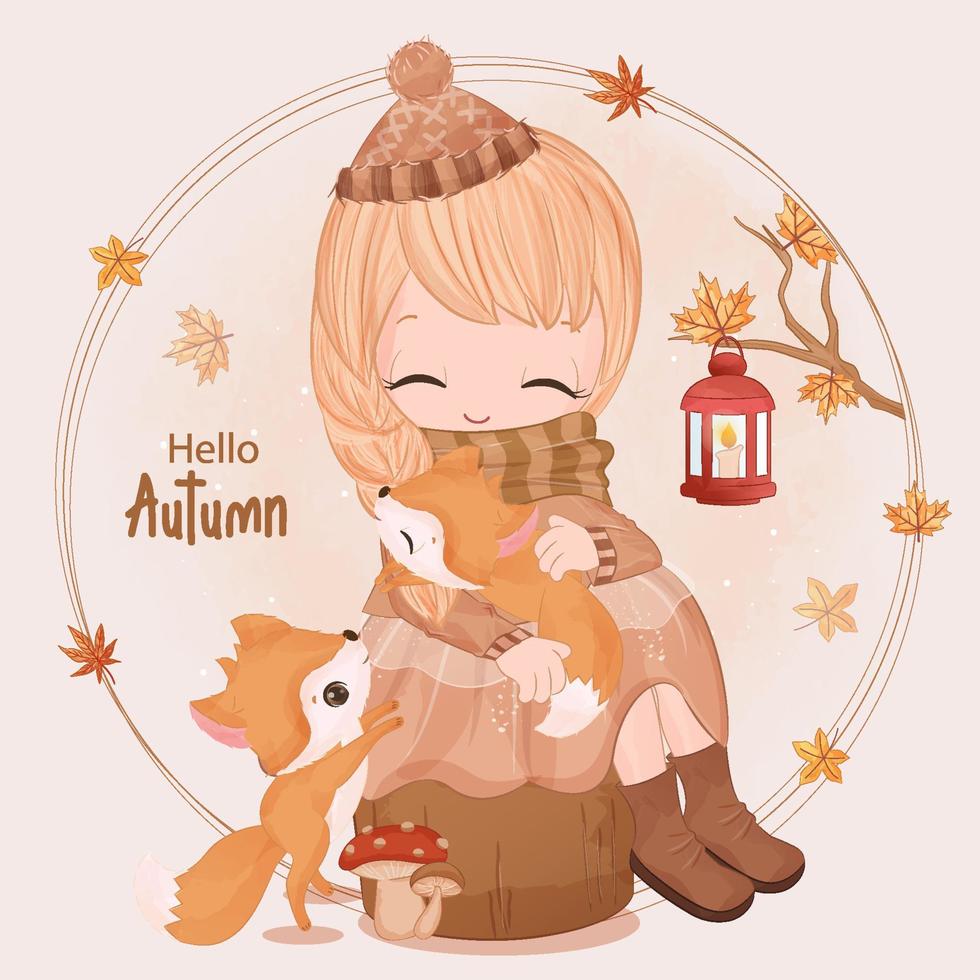 herfst serie weinig meisje en vos illustratie vector