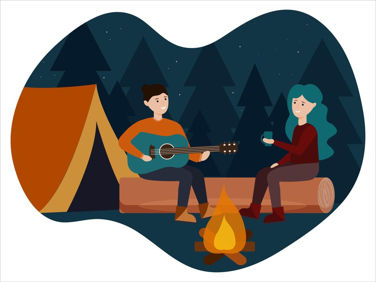een Mens en een vrouw zijn resting door de brand. een Mens Toneelstukken de gitaar, een vrouw drankjes thee Aan de achtergrond van de Woud. zomertijd camping en natuur recreatie concept. vector illustratie