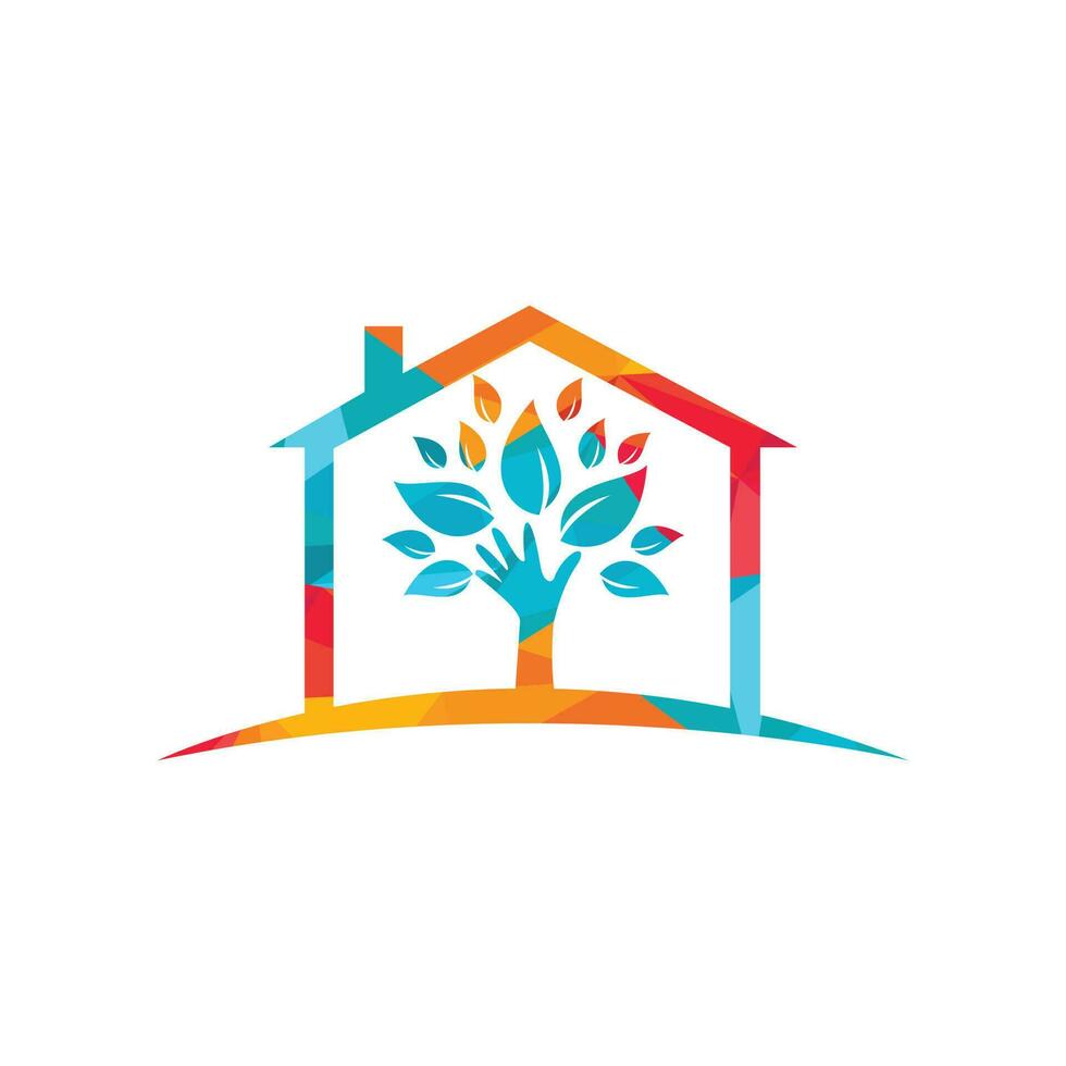 creatief groen hand- boom en huis logo ontwerp. natuurlijk huis zorg logo. spa logo. schoonheid salon of yoga logo. vector