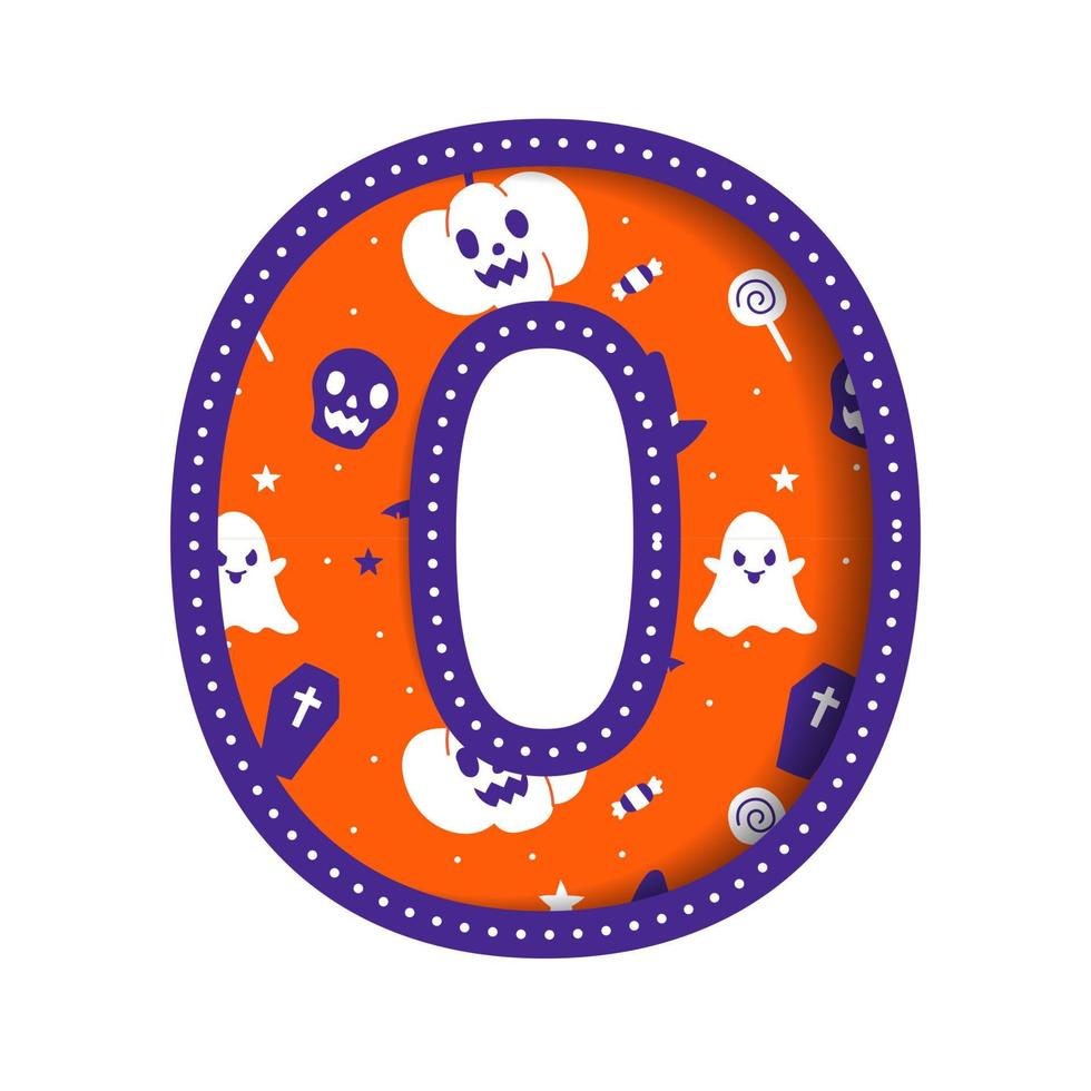 schattig gelukkig halloween aantal 0 nul cijfer numeriek partij doopvont karakter tekenfilm spookachtig verschrikking kleurrijk papier uitknippen type ontwerp viering vector illustratie schedel pompoen knuppel heks hoed spin web