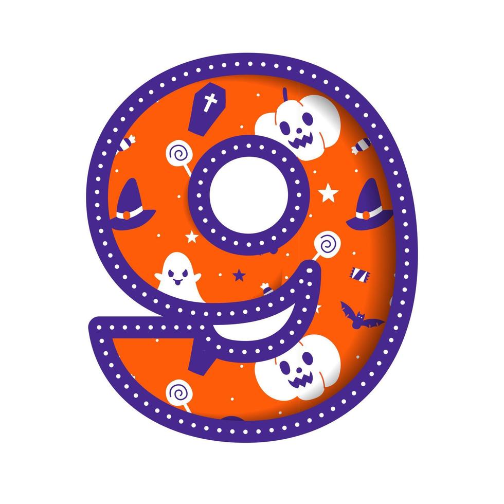 schattig gelukkig halloween aantal 9 negen cijfer numeriek partij doopvont karakter tekenfilm spookachtig verschrikking kleurrijk papier uitknippen type ontwerp viering vector illustratie schedel pompoen knuppel heks hoed spin web