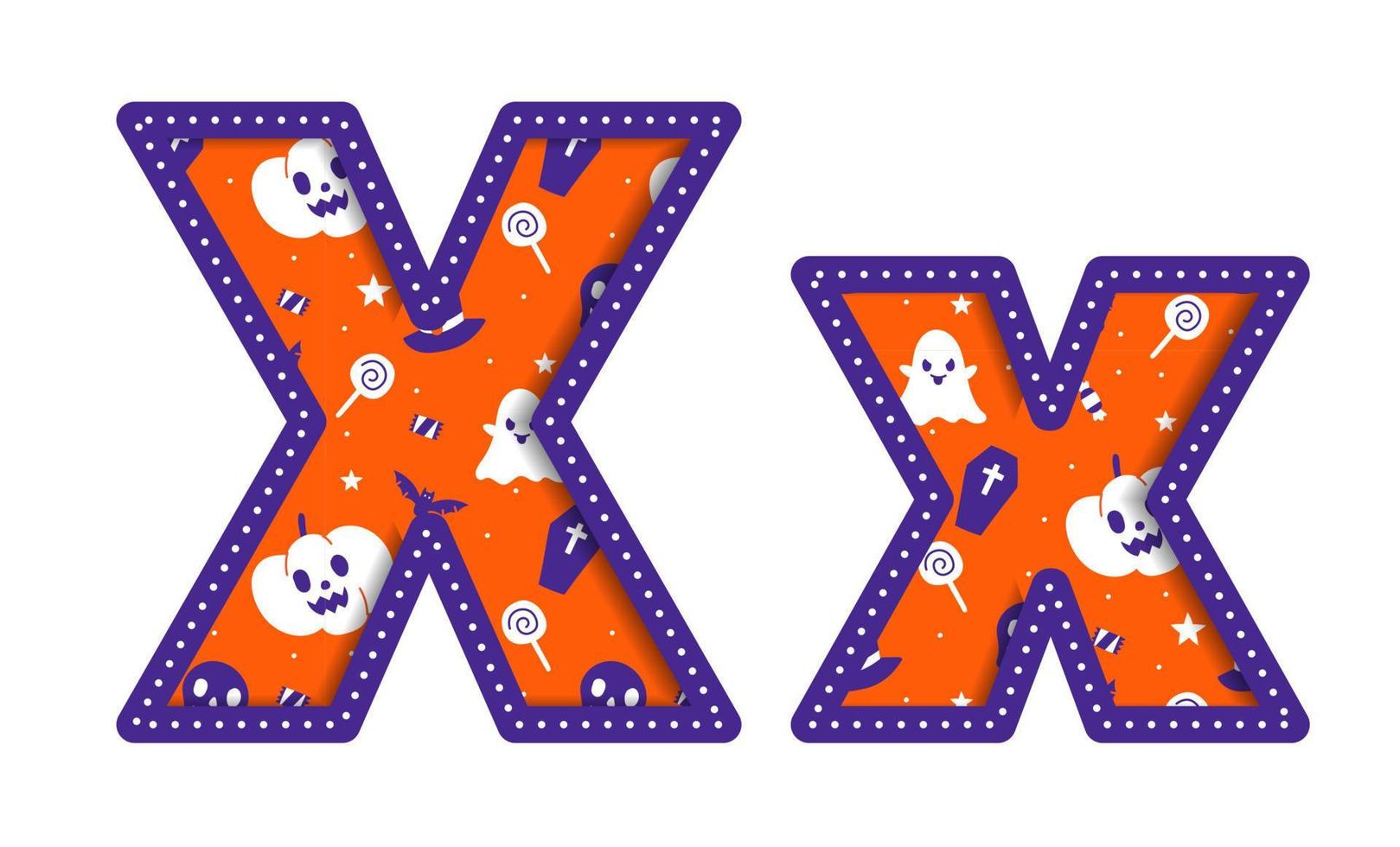 schattig gelukkig halloween X alfabet hoofdstad klein brief partij doopvont typografie karakter tekenfilm spookachtig verschrikking kleurrijk papier uitknippen type ontwerp viering vector illustratie schedel pompoen knuppel heks hoed