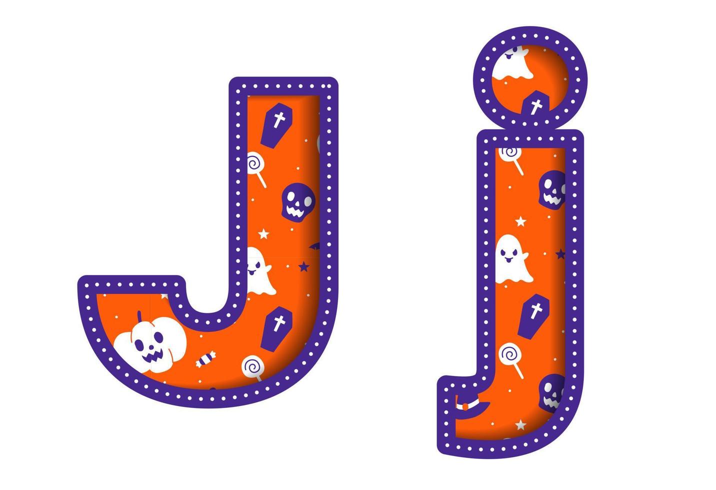 schattig gelukkig halloween j alfabet hoofdstad klein brief partij doopvont typografie karakter tekenfilm spookachtig verschrikking kleurrijk papier uitknippen type ontwerp viering vector illustratie schedel pompoen knuppel heks hoed