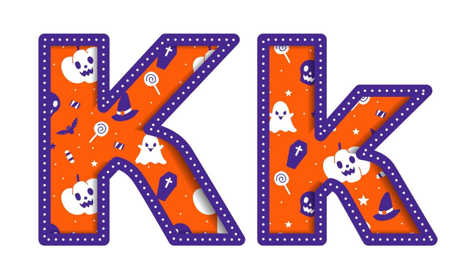 schattig gelukkig halloween k alfabet hoofdstad klein brief partij doopvont typografie karakter tekenfilm spookachtig verschrikking kleurrijk papier uitknippen type ontwerp viering vector illustratie schedel pompoen knuppel heks hoed