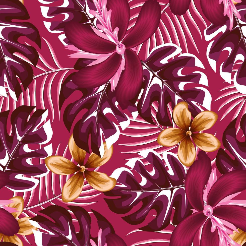 modieus neiging abstract naadloos patroon met kleurrijk tropisch planten bladeren en hibiscus, frangipani bloem gebladerte Aan roze achtergrond. oerwoud afdrukken. bloemen achtergrond. exotisch zomer. behang vector