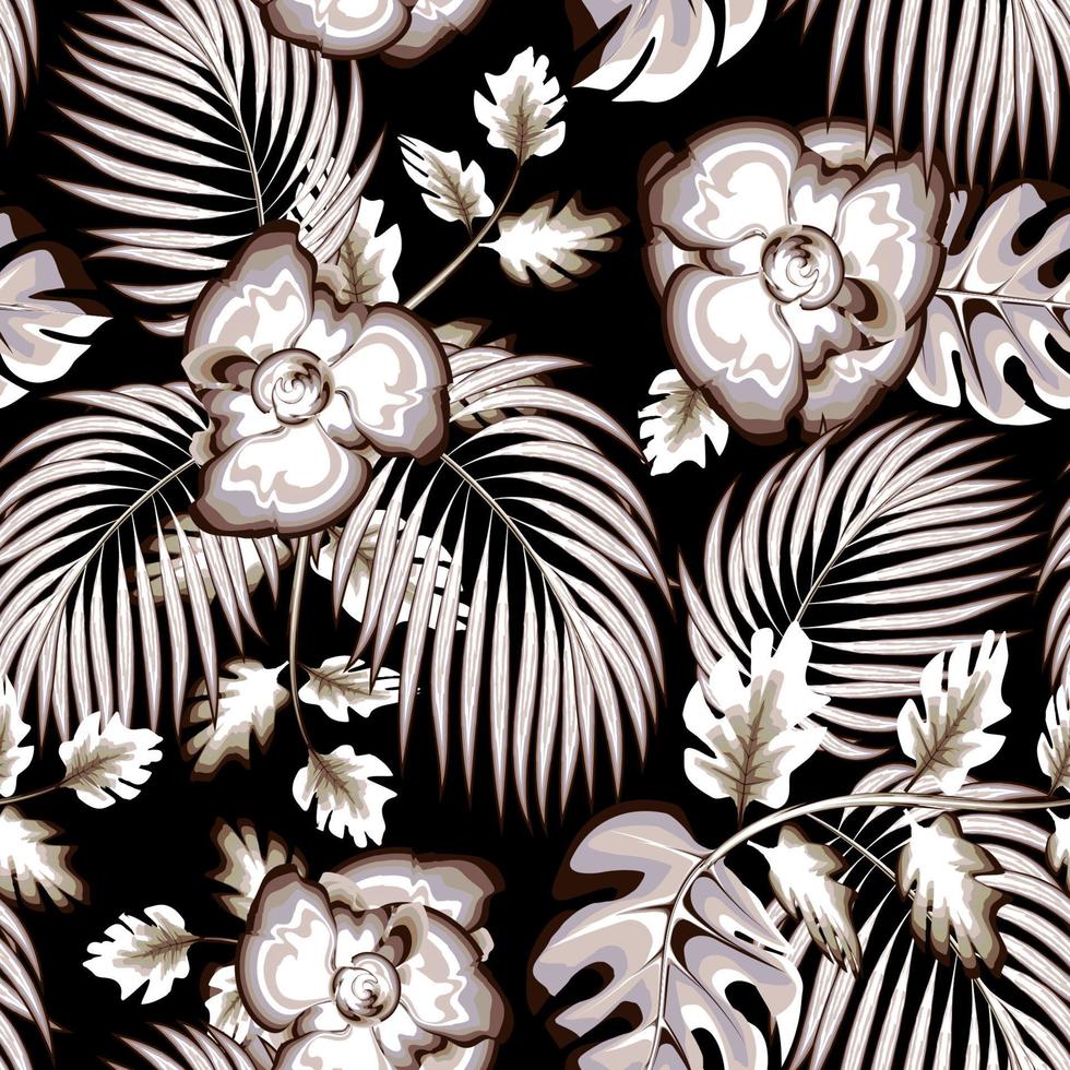 wijnoogst monochromatisch kleur stijl kokosnoot bladeren naadloos patroon met tropisch monstera planten gebladerte en abstract bloemen Aan nacht achtergrond. bloemen achtergrond. afdrukken textuur. zomer. natuur. vector