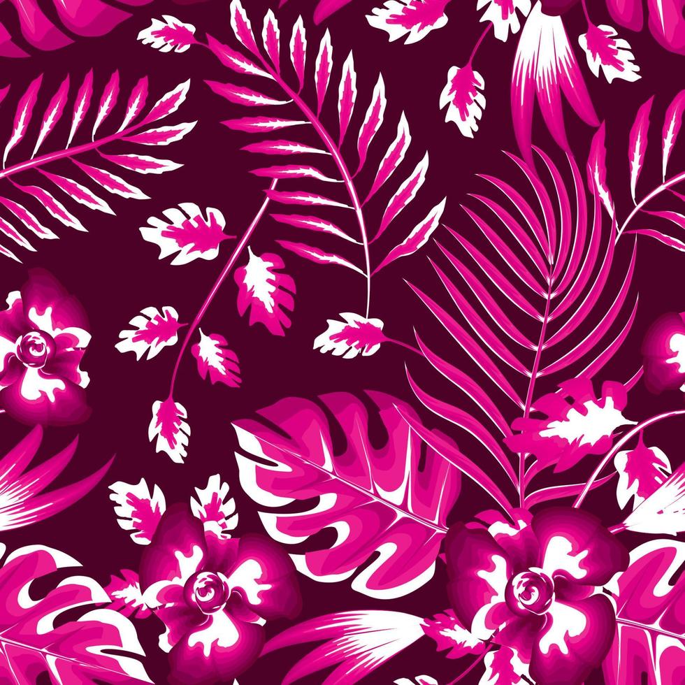 trending abstract naadloos patroon met roze monochromatisch tropisch planten bladeren en bloemen Aan donker achtergrond. vector ontwerp. oerwoud afdrukken. bloemen achtergrond. het drukken en textiel. exotisch zomer.