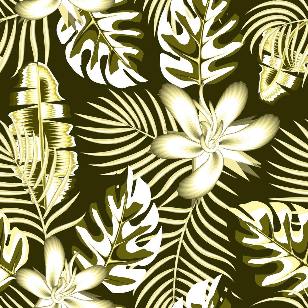 exotisch abstract naadloos patroon met groen monochromatisch tropisch banaan palm bladeren en hibiscus bloemen planten gebladerte Aan donker achtergrond. vector ontwerp. oerwoud afdrukken. bloemen achtergrond. herfst