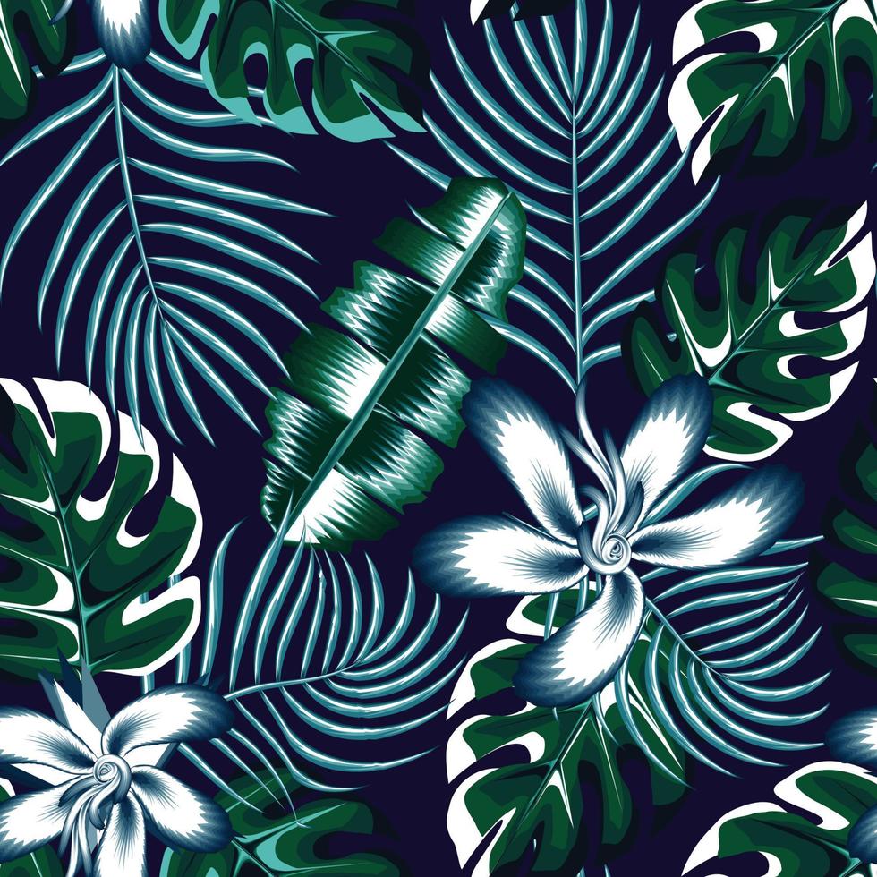 wijnoogst abstract oerwoud illustratie naadloos patroon met monochromatisch tropisch banaan palm bladeren en hibiscus bloemen fabriek gebladerte Aan donker achtergrond. bloemen achtergrond. exotisch zomer. vector kunst