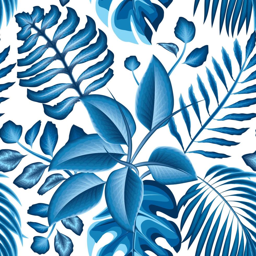 realistisch blauw regenwoud illustratie naadloos patroon met tropisch kokosnoot monstera bladeren en planten gebladerte in monochromatisch stijl Aan wit achtergrond. behang decor. natuur textuur. zomer vector