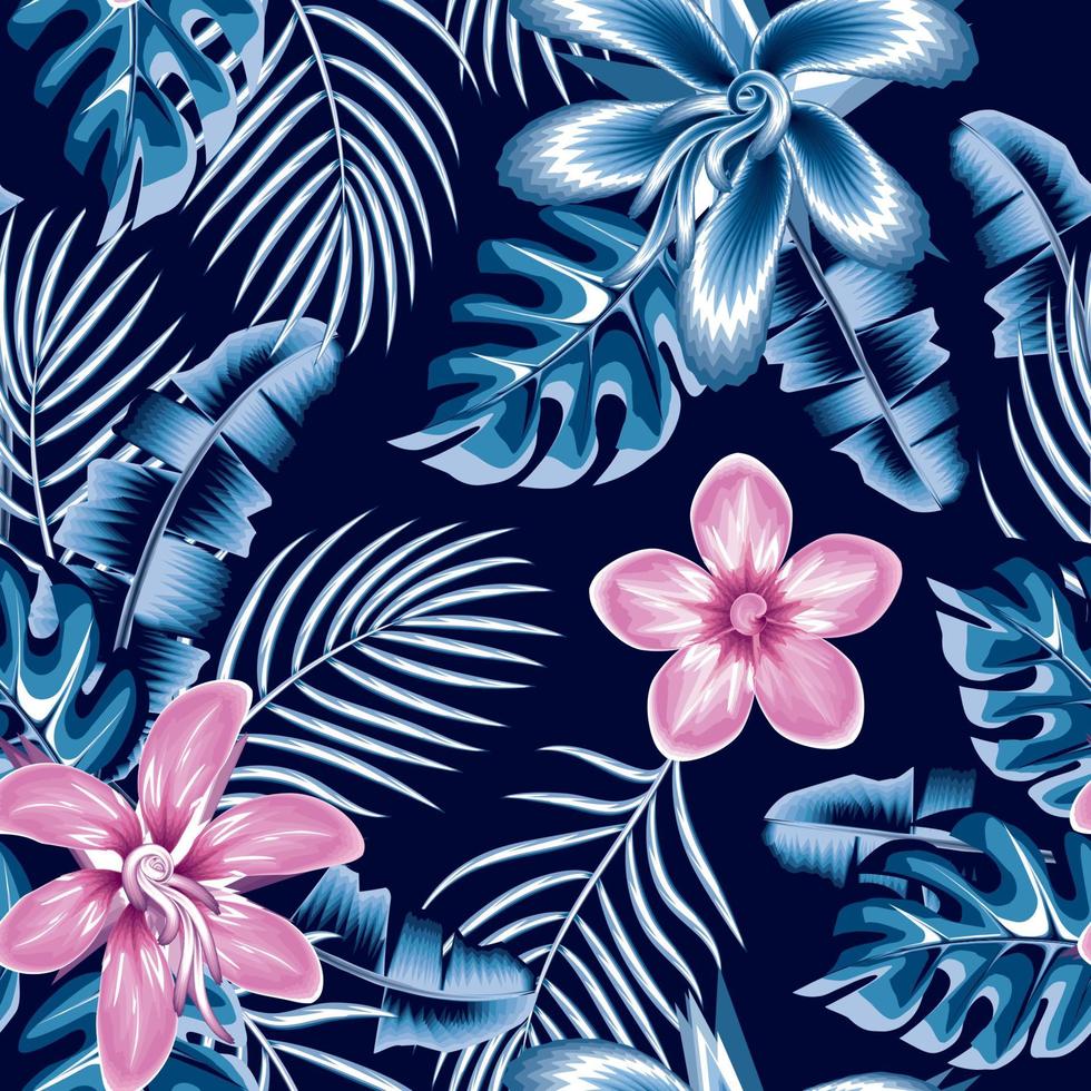 abstract blauw roze in monochromatisch stijl hibiscus bloemen naadloos patroon met banaan monstera palm bladeren en fabriek gebladerte Aan nacht achtergrond. exotisch bloemen achtergrond. zomer thema. natuur. vector