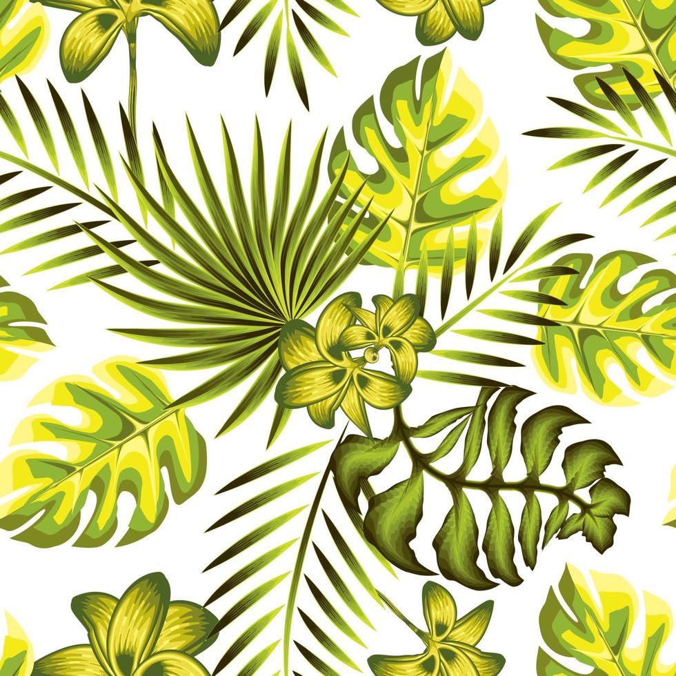 zomer neiging naadloos achtergrond met helder groen monochromatisch tropisch bladeren en planten Aan wit achtergrond. vector ontwerp. oerwoud afdrukken. bloemen achtergrond. het drukken en textiel. exotisch tropen.