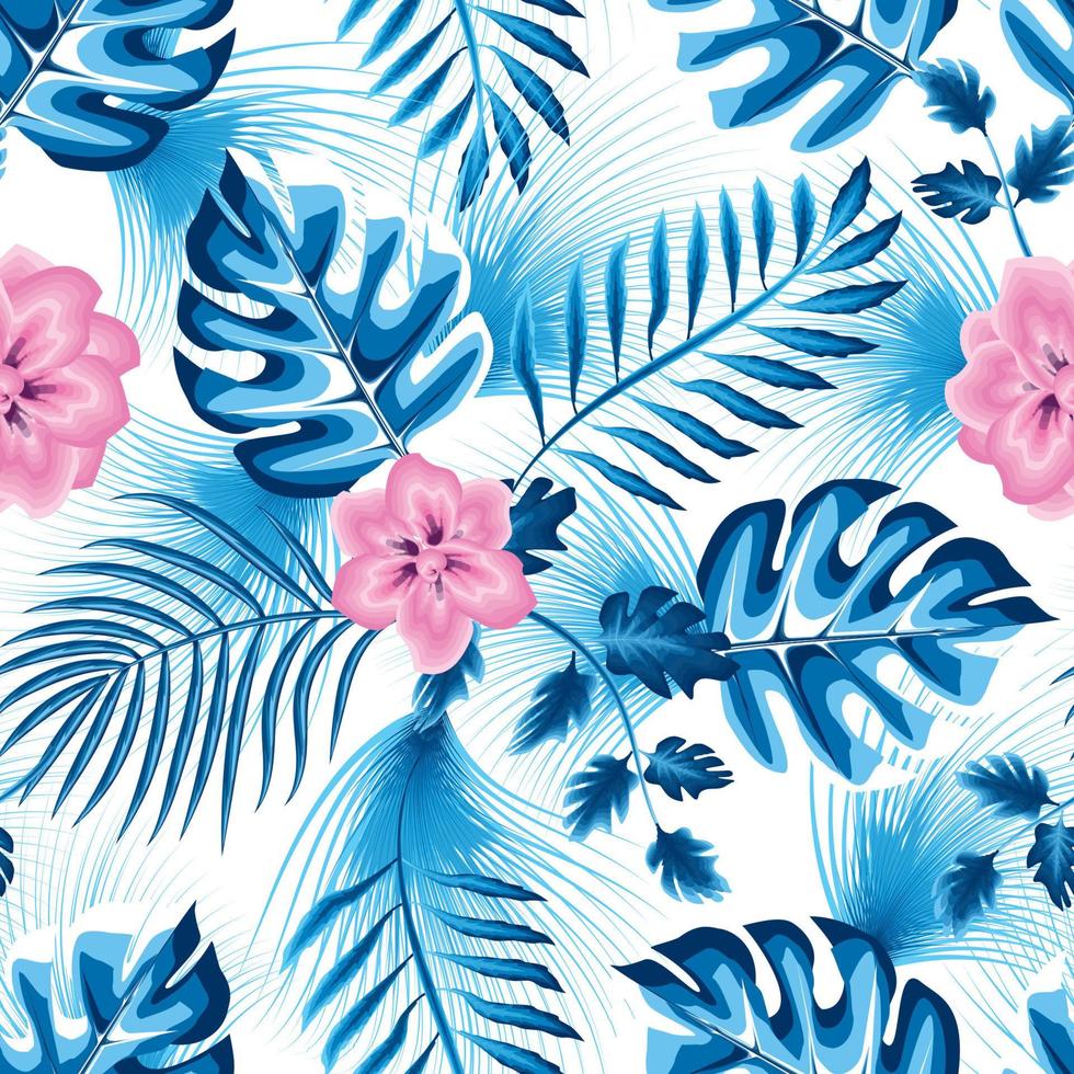 abstract naadloos patroon met kleurrijk tropisch monstera varen bladeren en roze jasmijn bloem fabriek gebladerte Aan wit achtergrond. vector ontwerp. oerwoud afdrukken. bloemen achtergrond. exotisch zomer. voorjaar