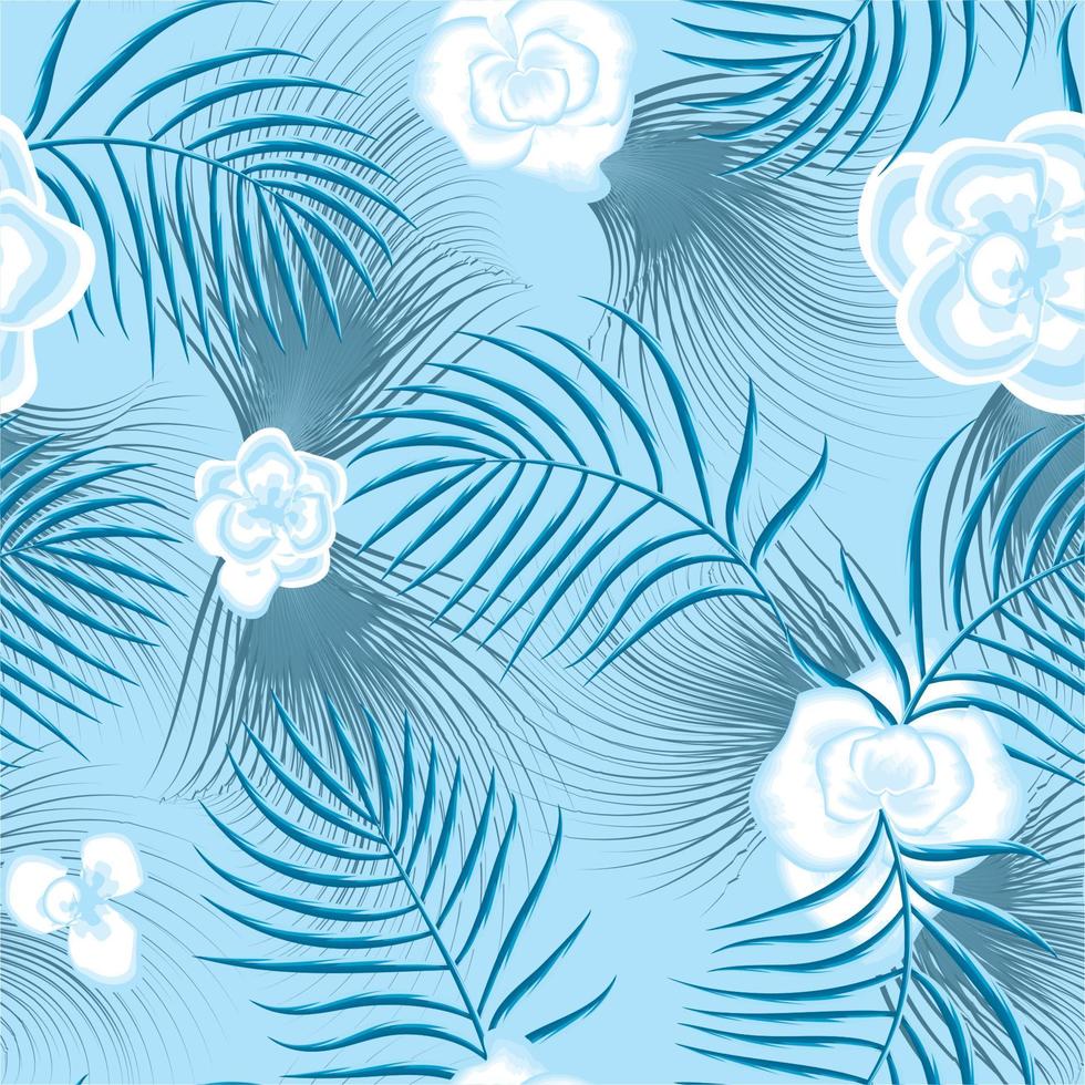 zomer tropisch naadloos patroon met lucht blauw kleur abstract planten bladeren en bloemen Aan licht achtergrond. vector ontwerp. oerwoud afdrukken. bloemen achtergrond. exotisch tropen. modieus textuur. vallen