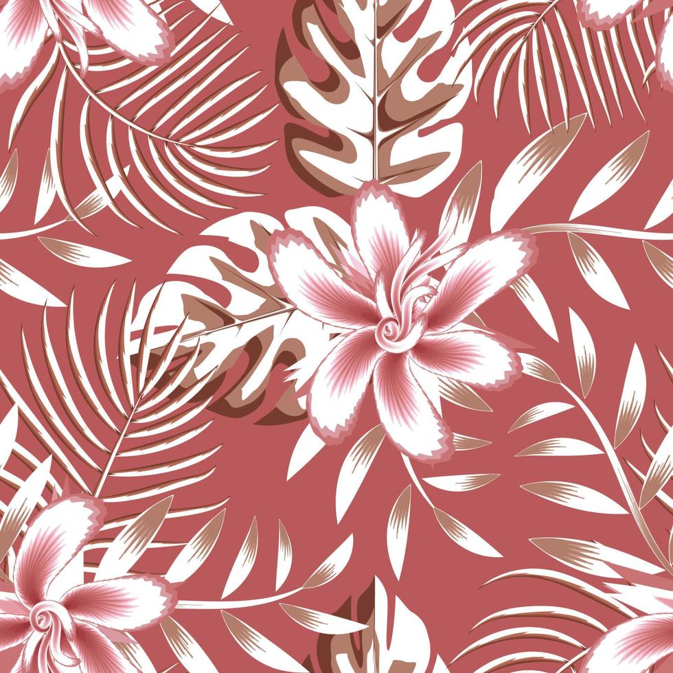 roze hibiscus bloem illustratie naadloos patroon modieus structuur met kokosnoot monstera bladeren en fabriek gebladerte Aan pastel achtergrond. bloemen achtergrond. interor behang. zomer ontwerp. herfst vector