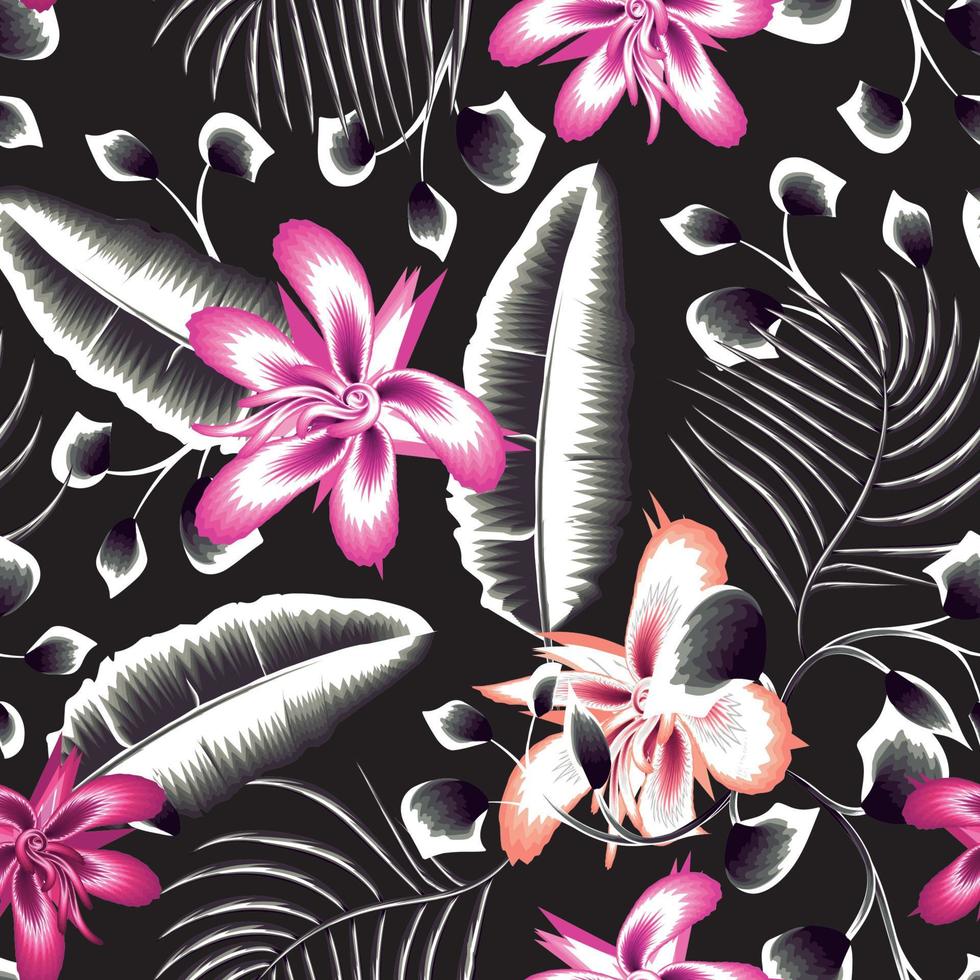 abstract wijnoogst naadloos achtergrond met monochromatisch tropisch banaan palm bladeren en roze hibiscus bloemen Aan nacht achtergrond. vector ontwerp. oerwoud afdrukken. bloemen achtergrond. exotisch zomer. vallen