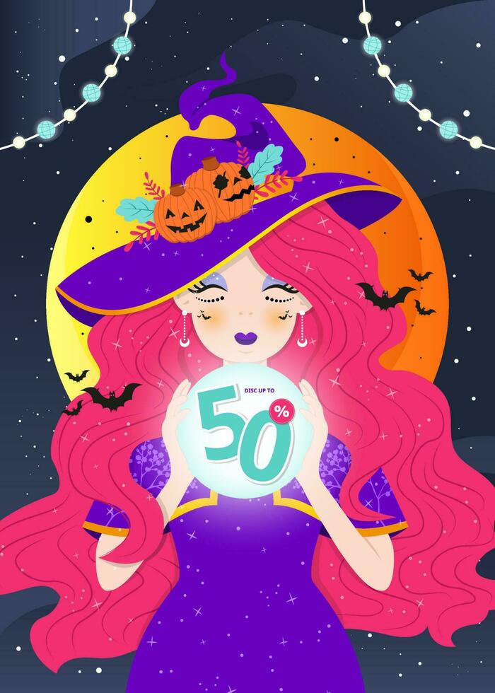 mooi heks met uitverkoop magie bal voor halloween uitverkoop Promotie ontwerp vector