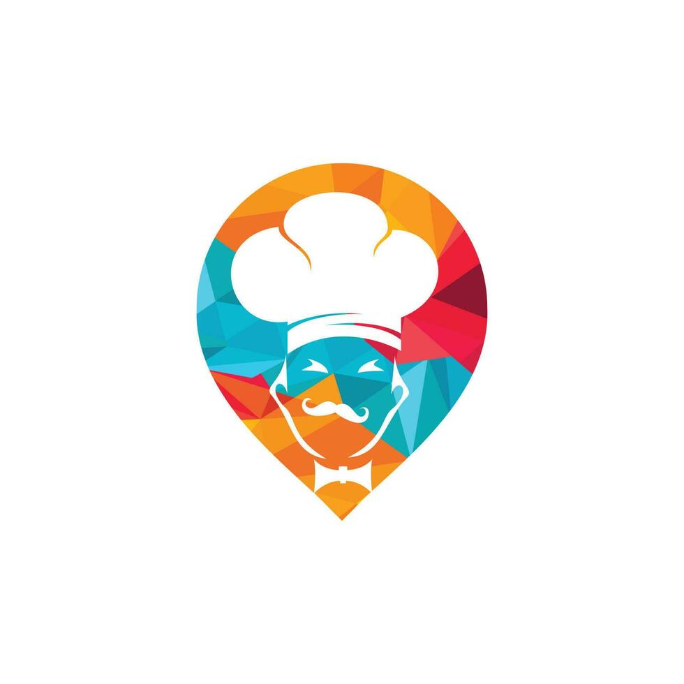 chef en pin kaart logo ontwerp.restaurant chef plaats positionering kaart logo navigatie GPS icoon. vector