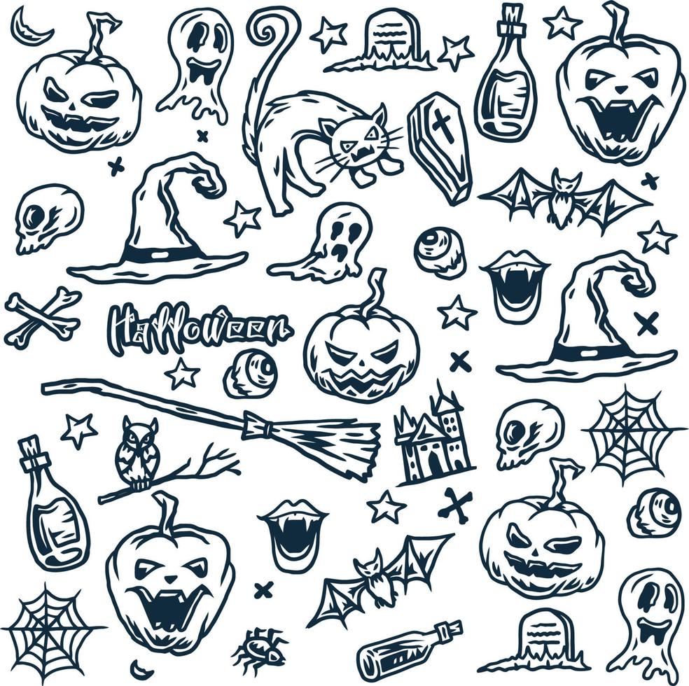 halloween, geest, kat, uil, schedel, graf, hoed, magie bezem, fles illustraties gebruik makend van een hand- tekening stijl vervolgd met digitaal kleur vector