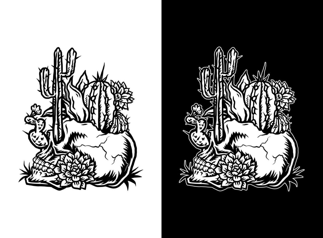 schedel met cactus, hand- getrokken lijn kunst vector illustratie, geïsoleerd Aan donker en helder achtergrond