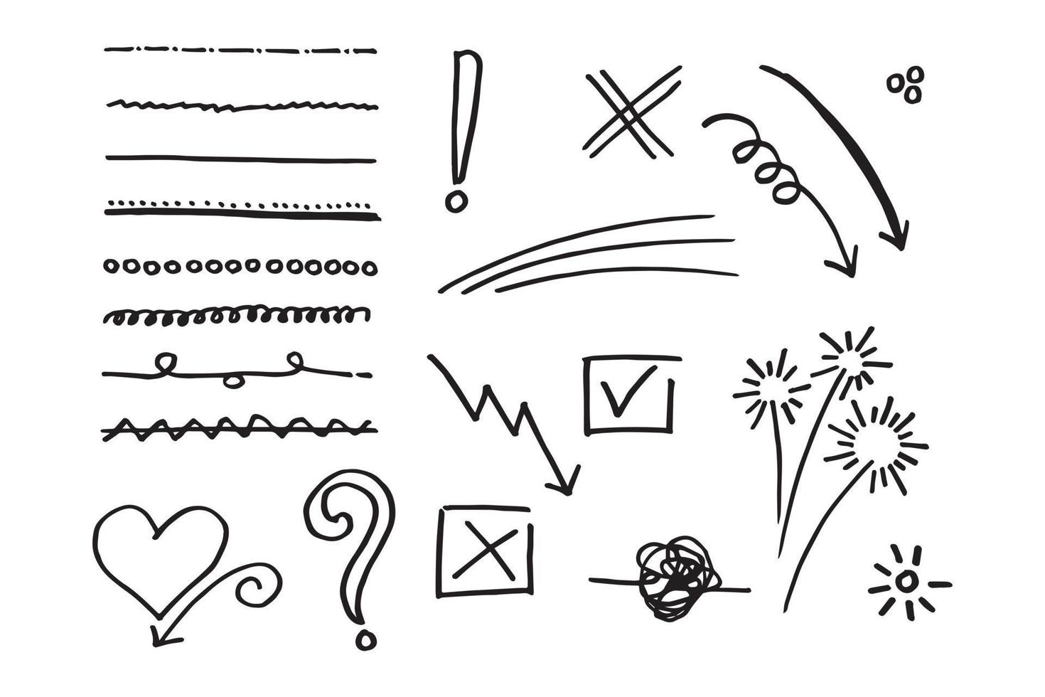 tekening element vector set, voor concept ontwerp. onderstrepen, liefde, pijl, vuurwerk, verstrikt en enz