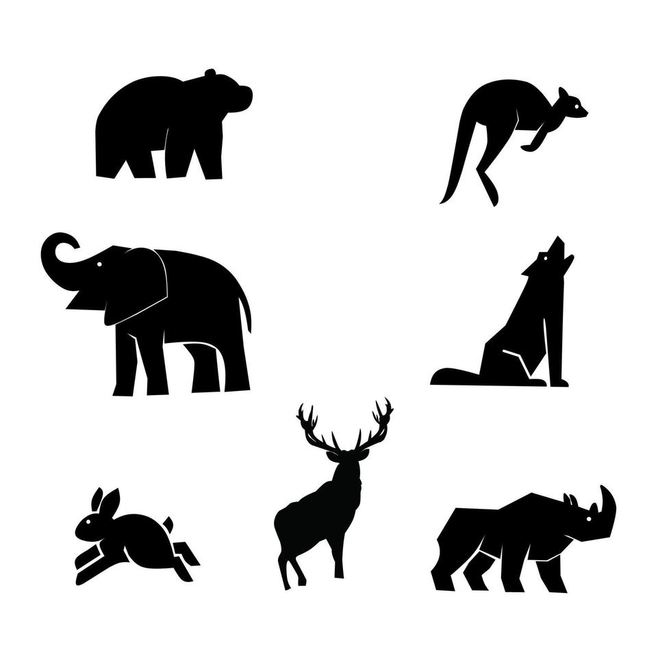 konijn, olifant, wolf, hert, neushoorn, kangoeroe en beer dier pictogrammen, vector illustratie