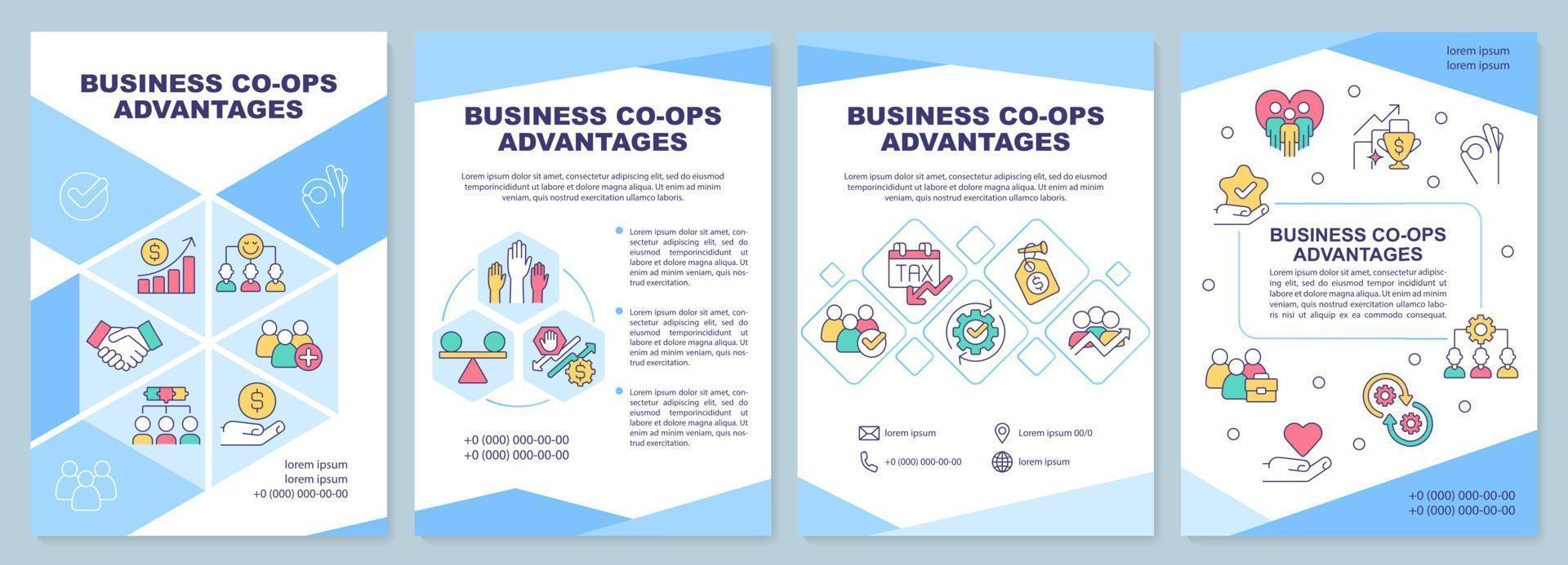 bedrijf coöperaties voordelen blauw brochure sjabloon. leden een uitkering. brochure ontwerp met lineair pictogrammen. 4 vector indelingen voor presentatie, jaar- rapporten.