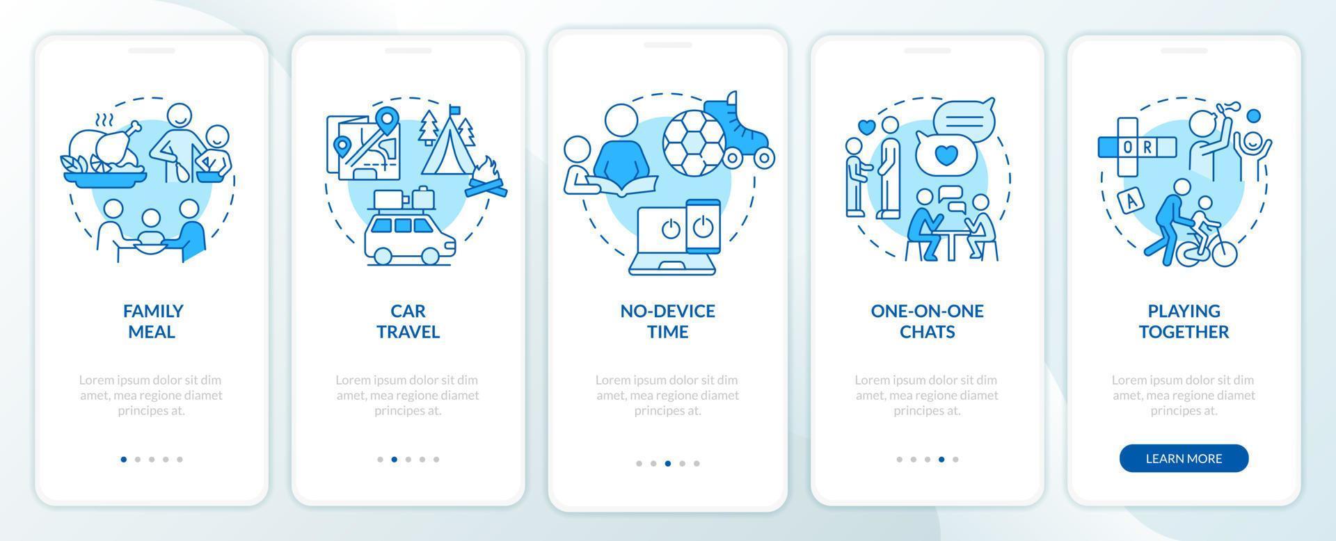 kwaliteit tijd samen blauw onboarding mobiel app scherm. walkthrough 5 stappen grafisch instructies Pagina's met lineair concepten. ui, ux, gui sjabloon. vector