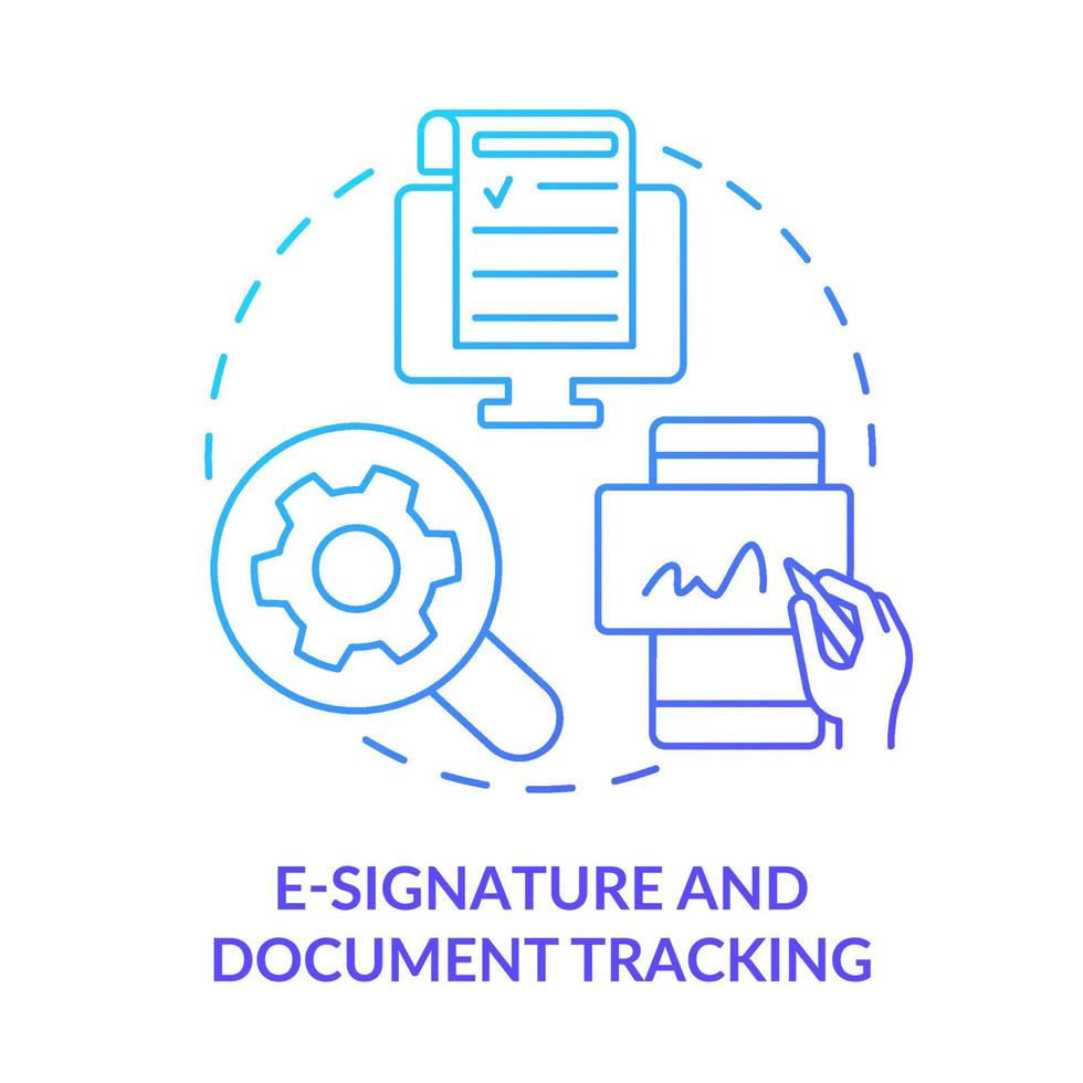 e-handtekening en document bijhouden blauw helling concept icoon. verkoop software abstract idee dun lijn illustratie. online ondertekenen. wettelijk toestand. geïsoleerd schets tekening. vector