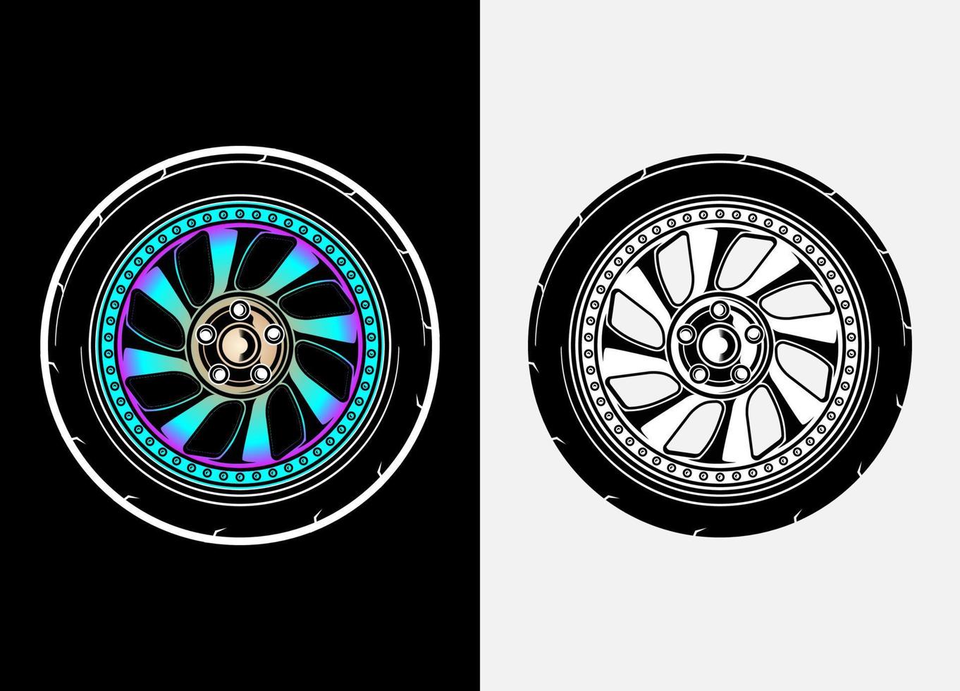 verschillend kleur reeks van auto wielen, rubber band, auto band, vrachtauto wiel illustratie in ras stijl. racing wielen vector. zwart en wit geïsoleerd achtergrond. eps 10. vector