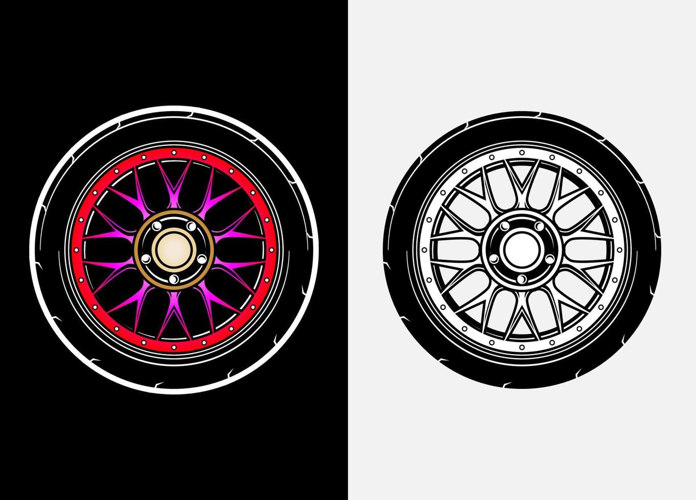 verschillend kleur reeks van auto wielen, rubber band, auto band, vrachtauto wiel illustratie in ras stijl. racing wielen vector. zwart en wit geïsoleerd achtergrond. eps 10. vector