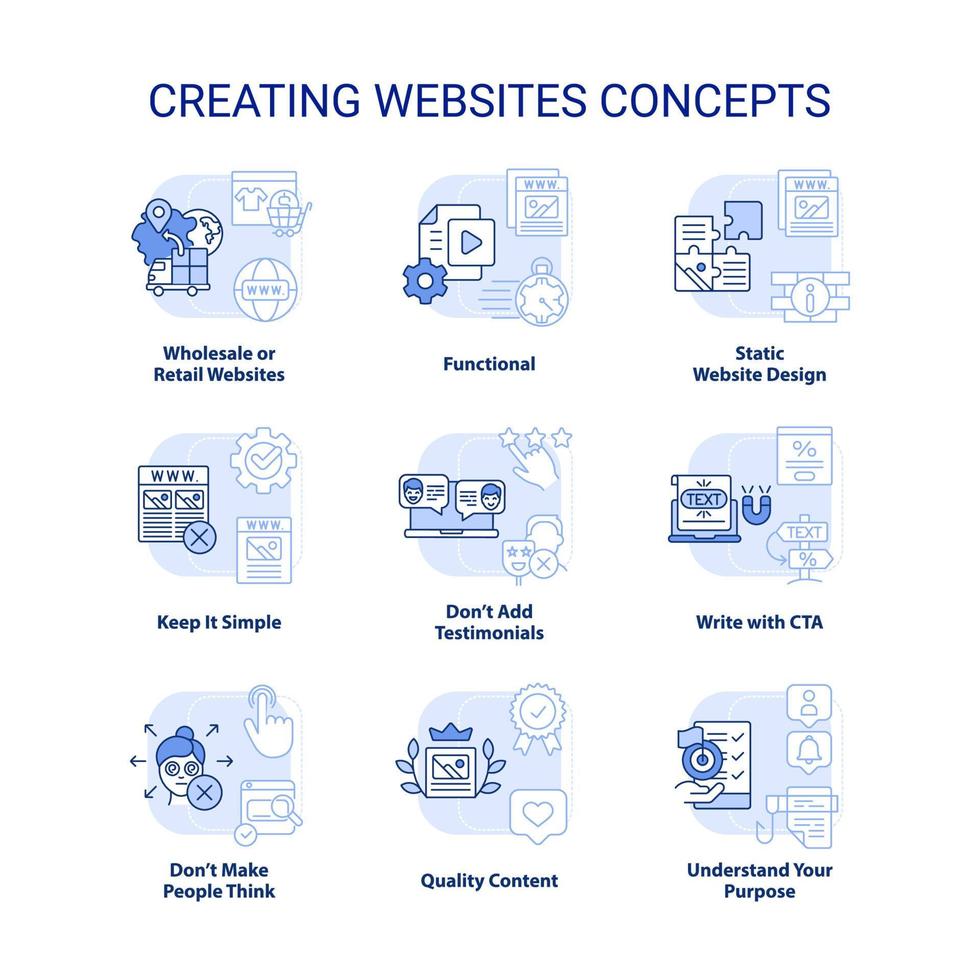 creëren websites licht blauw concept pictogrammen set. leren web ontwikkeling idee dun lijn kleur illustraties. schrijven met cta. geïsoleerd symbolen. bewerkbare hartinfarct. vector