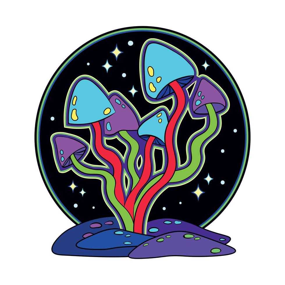 magie zuur trippy champignons afdrukken voor t-shirt. vector illustratie van trippy zuur psychedelisch champignons Aan sterrenhemel achtergrond