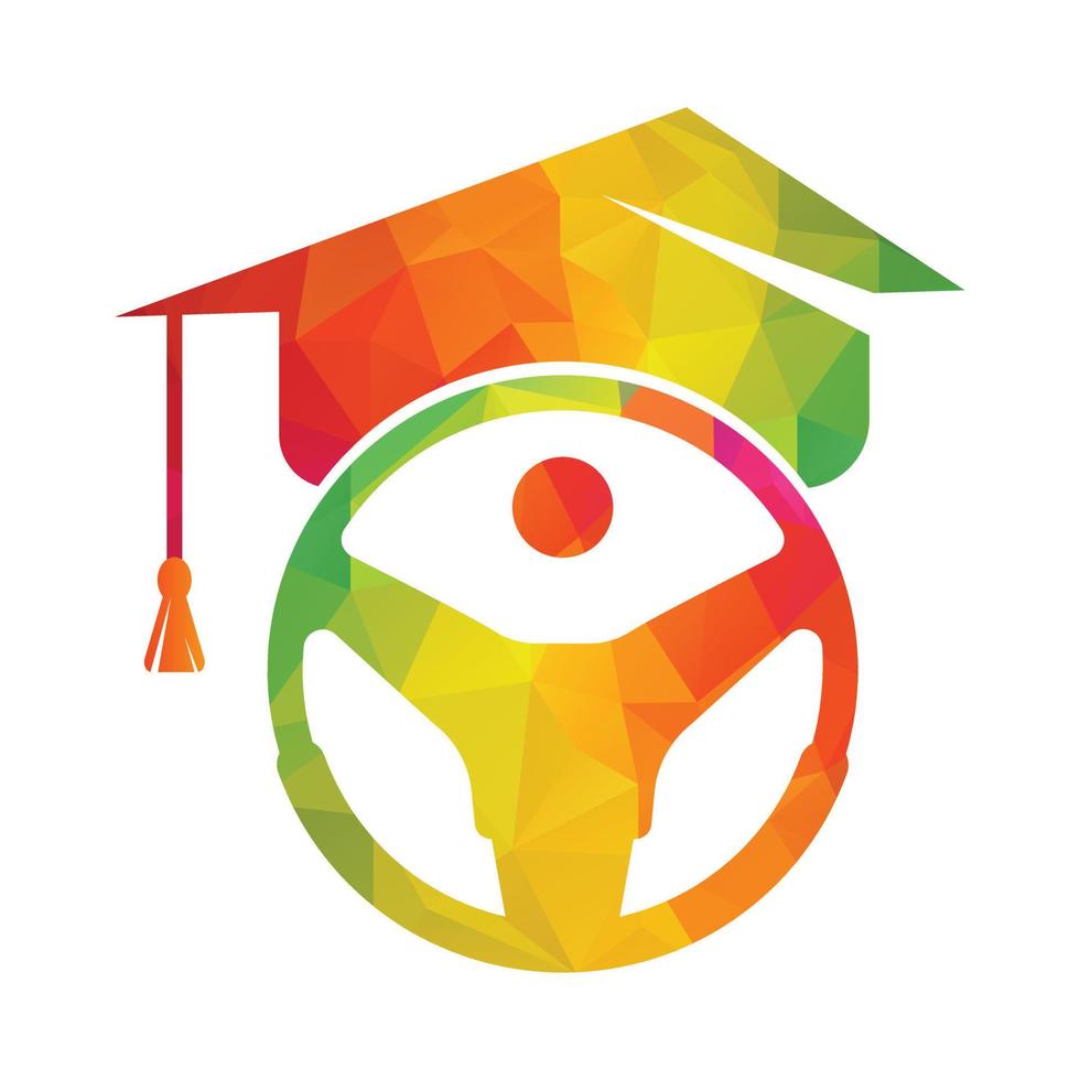 bestuurder tech school- logo sjabloon ontwerp. stuurinrichting wiel en diploma uitreiking pet ontwerp. vector