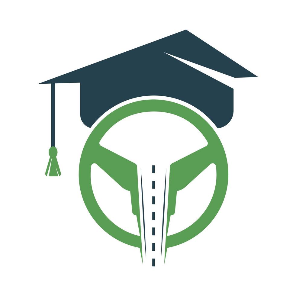 het rijden school- logo ontwerp. stuurinrichting wiel weg en diploma uitreiking pet vector icoon.